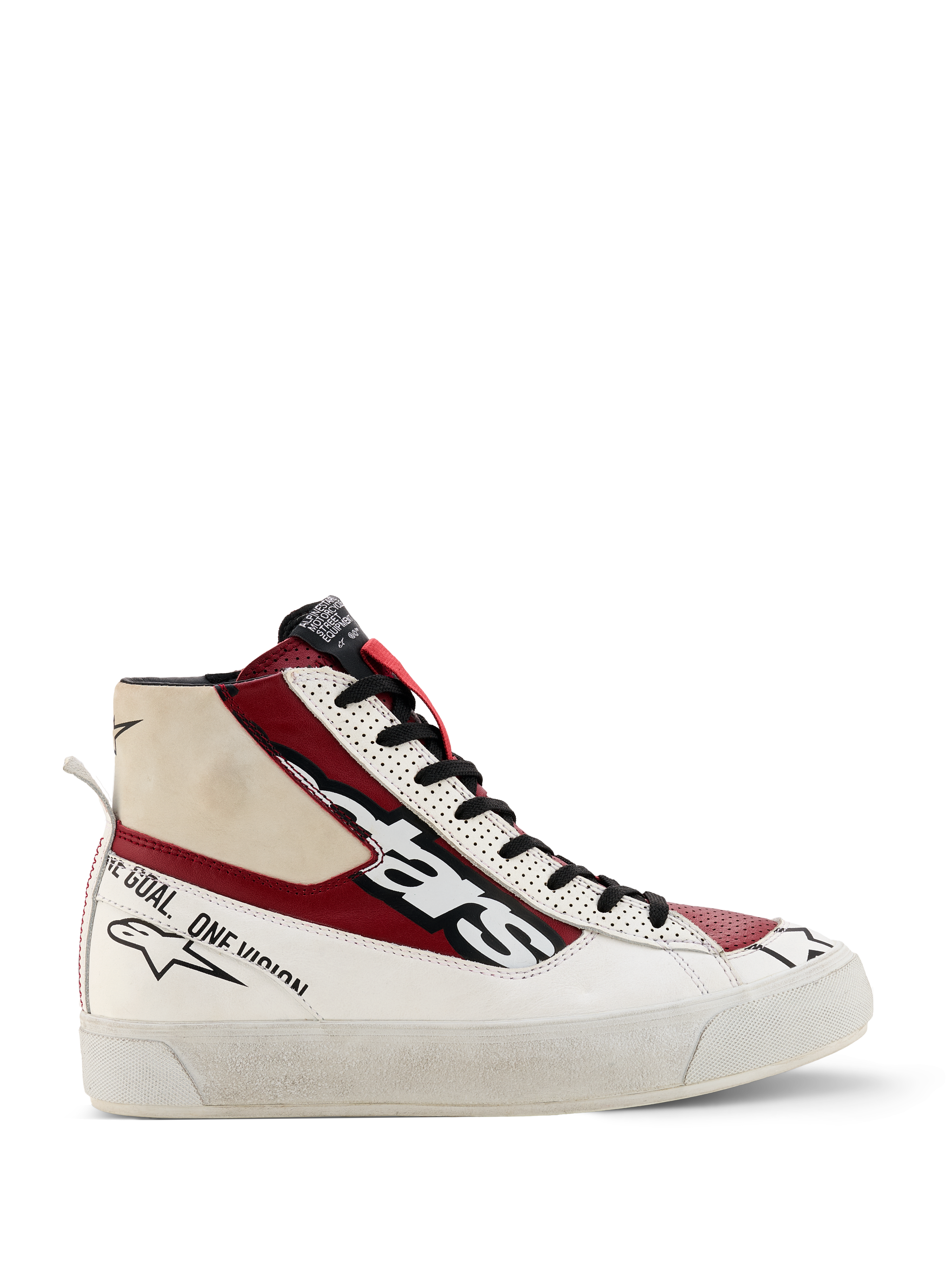 Alpinestars Stella Stated Flair Shoes, Women's High-Top Sneakers, Red White and Black, motorsport-inspired design with "one goal one vision" branding, textured white sole, pull tab, leather and fabric construction