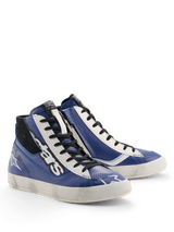 Alpinestars Stated Flair Shoes, Urban Motorcycle Riding Shoes, Bright Blue White Black, heritage racing aesthetic with hand-applied worn effect on the sole, premium leather construction with perforated details and lateral zipper.