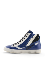 Alpinestars Stated Flair Shoes, Motorcycle Riding Shoes, Bright Blue White and Black, high-top leather design with perforated panels, lateral zipper, black laces, vintage worn-effect white sole, heritage racing aesthetic featuring Alpinestars branding