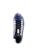 Alpinestars Stated Flair Shoes, Urban Riding Shoes, Bright Blue White and Black, top-down view featuring black laces and white eyelet panels, perforated leather construction with vintage racing aesthetic