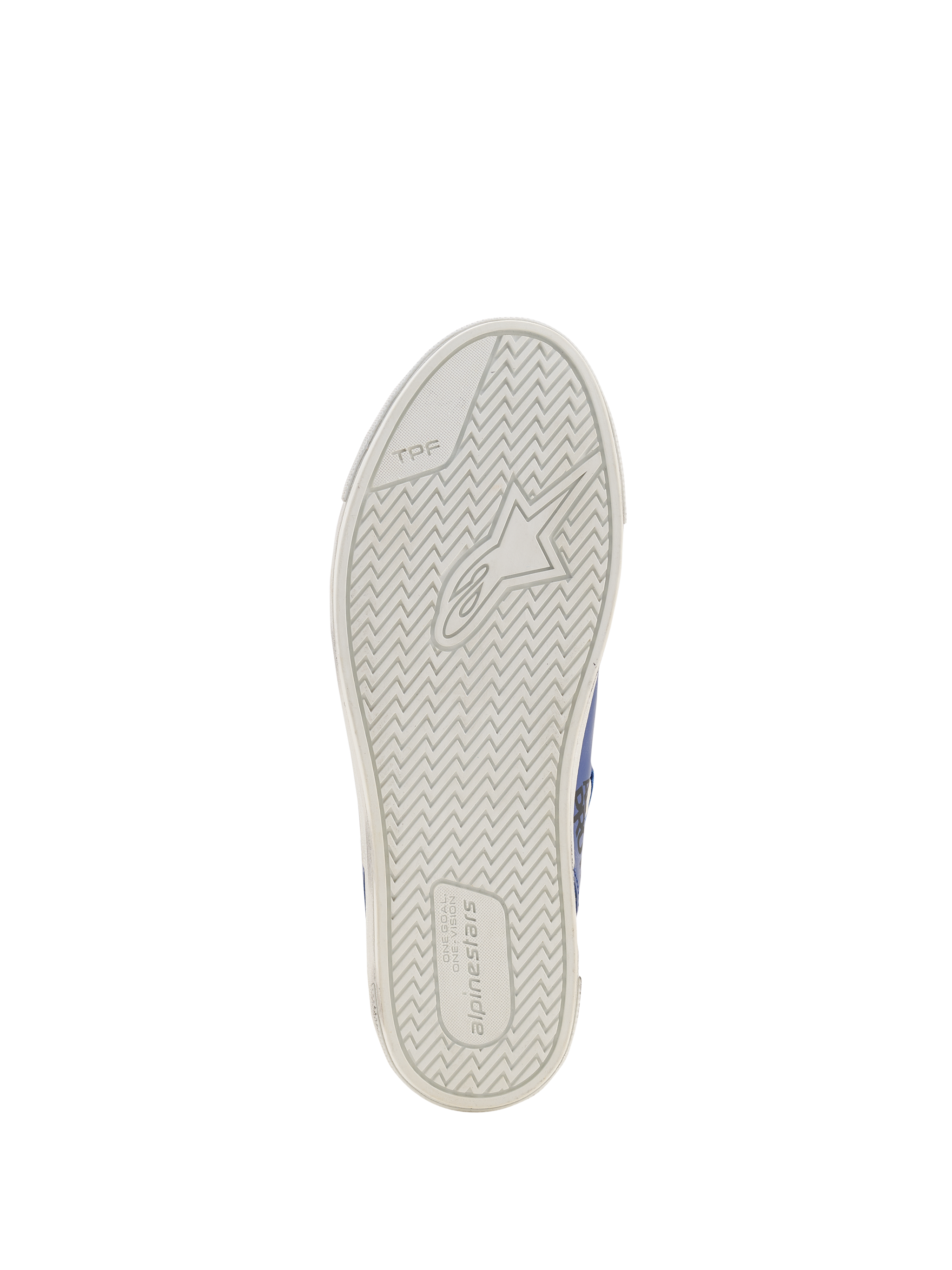 Alpinestars Stated Flair Shoes, Urban motorcycle riding shoe, bottom sole view, off-white vulcanized rubber with herringbone tread pattern, featuring TPF branding and Alpinestars logo