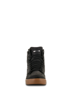 Alpinestars J-6 Waterproof Shoe, Motorcycle Riding Shoe, Black Gum, Front view showing black laces and brown rubber sole, sneaker-style design for urban road riding