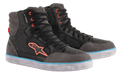 Alpinestars J-6 Waterproof Canvas Riding Shoes, Black and Anthracite Gray, high-top sneaker design with orange logo and eyelets, light blue stripe on the white sole, waterproof urban motorcycle footwear