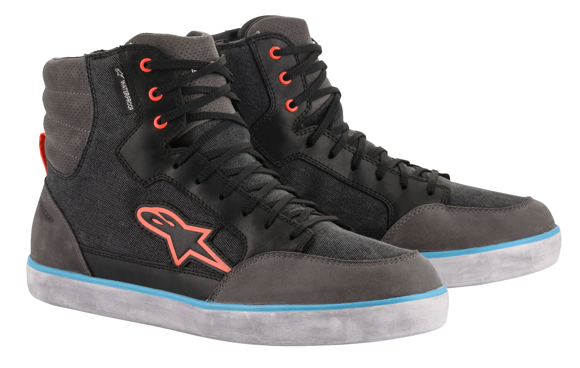 Alpinestars J-6 Waterproof Canvas Riding Shoes, Black and Anthracite Gray, high-top sneaker design with orange logo and eyelets, light blue stripe on the white sole, waterproof urban motorcycle footwear