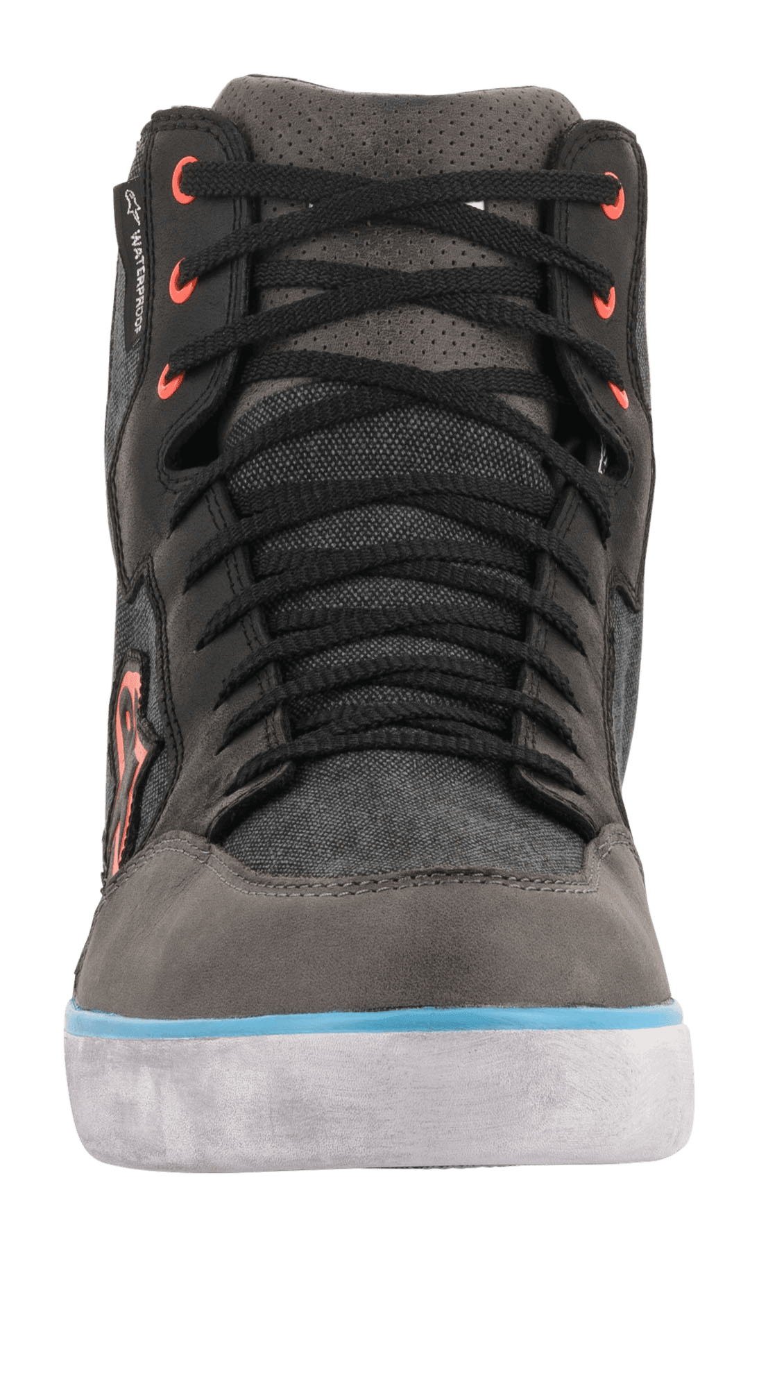 Alpinestars J-6 Waterproof Canvas Riding Shoe, front view, Black and Anthracite with Light Blue sole accent and orange eyelets, sneaker-style motorcycle boot with waterproof membrane