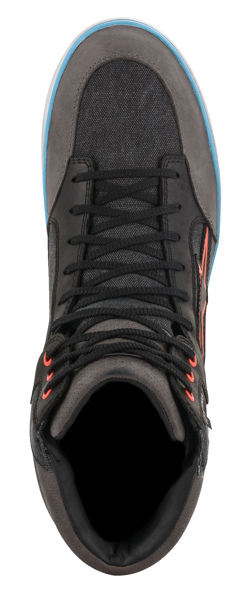 Alpinestars J-6 Waterproof Canvas Riding Shoe, Black and Anthracite, Top-down view showing textured canvas and leather panels, black laces with orange eyelets, light blue sole accent, casual sneaker-style motorcycle footwear