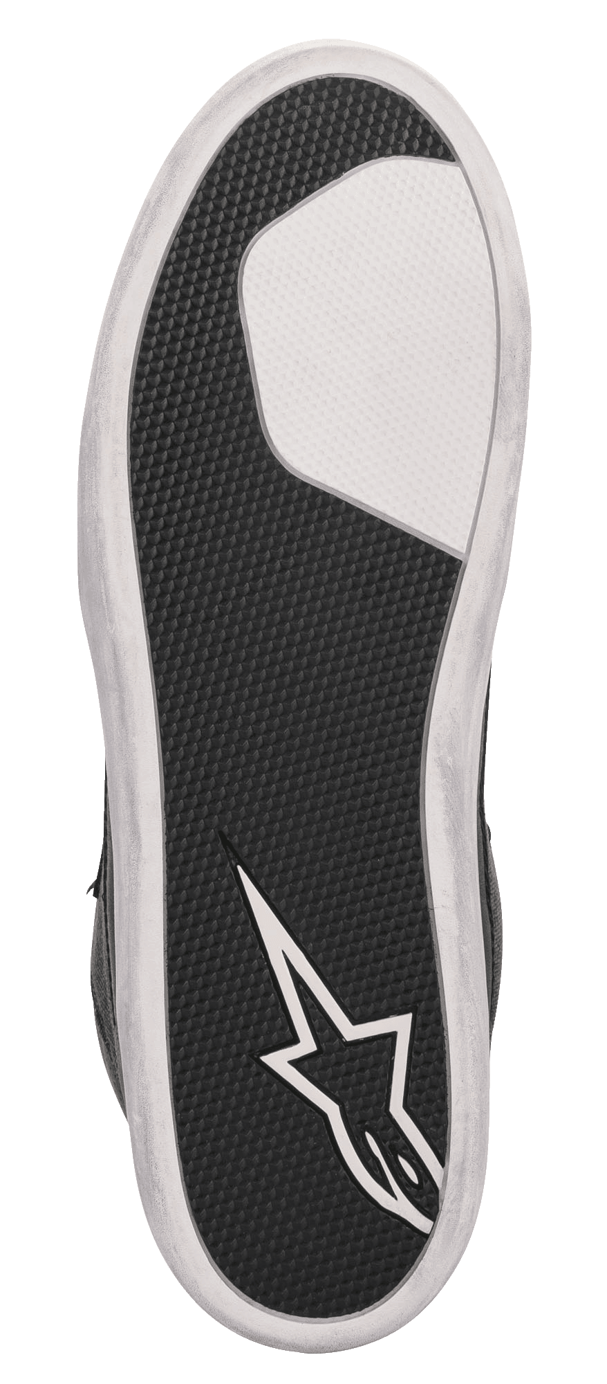 Alpinestars J-6 Waterproof Canvas Riding Shoe, bottom sole view, black textured rubber with white forefoot section and white Alpinestars star logo on the heel, durable rubber cup sole design for motorcycle riding.
