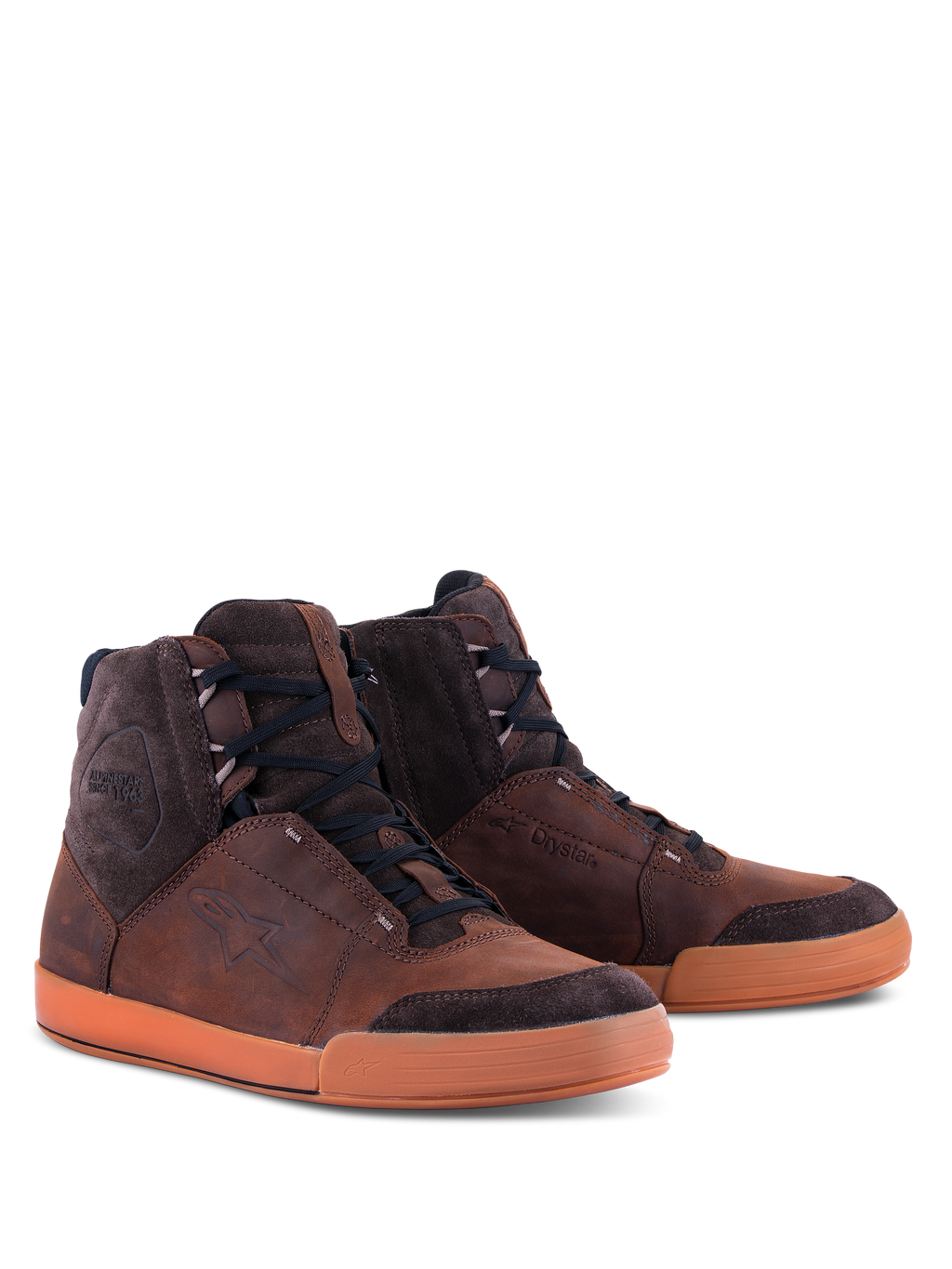 Alpinestars Chrome Crafted Drystar® Shoes, Urban Riding Shoes, Brown and Gum, high-top leather and suede construction, black laces, gum rubber sole, featuring embossed logo and Drystar branding, contemporary casual motorcycle footwear