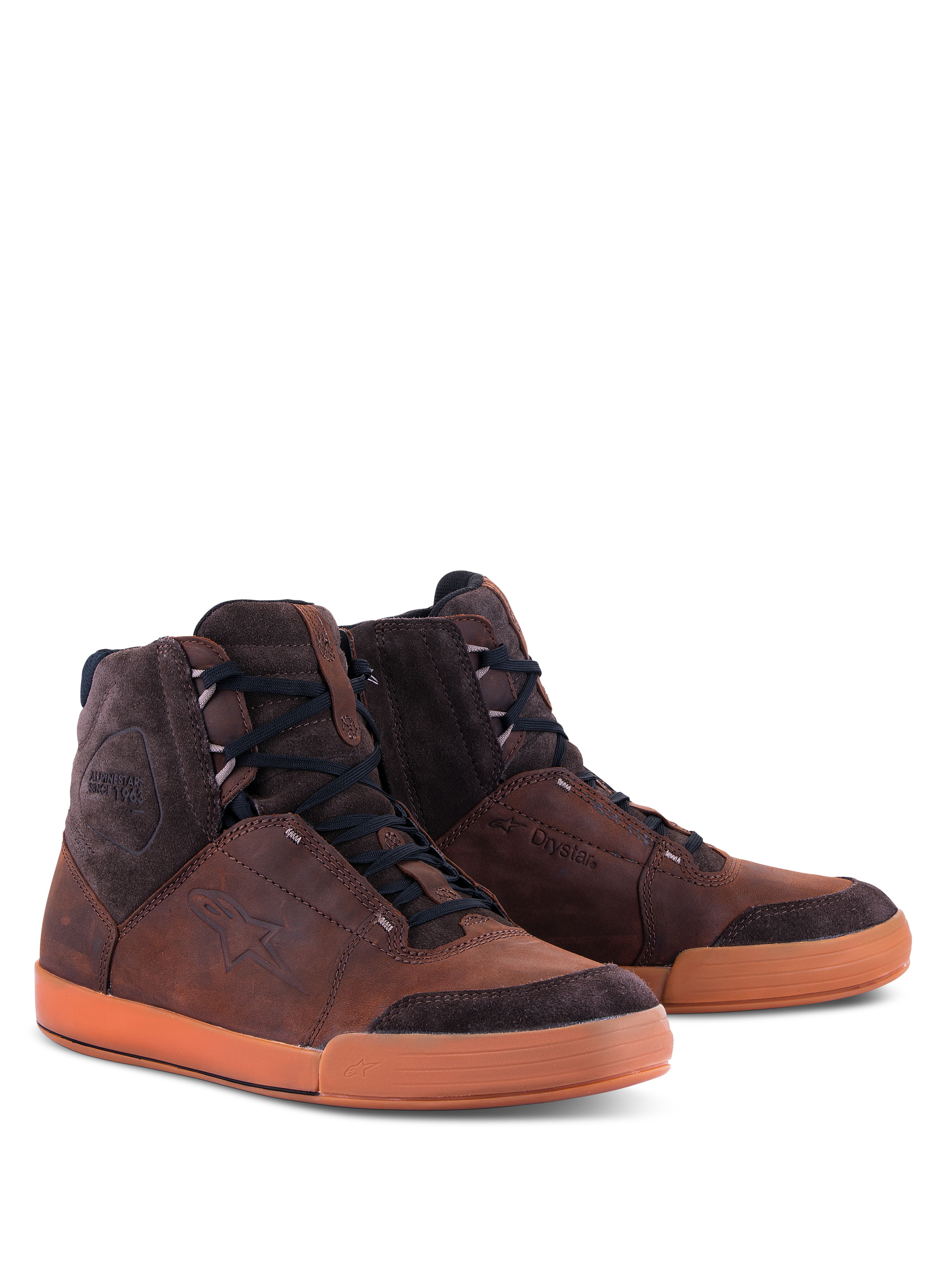 Alpinestars Chrome Crafted Drystar® Shoes, Urban Riding Shoes, Brown and Gum, high-top leather and suede construction, black laces, gum rubber sole, featuring embossed logo and Drystar branding, contemporary casual motorcycle footwear