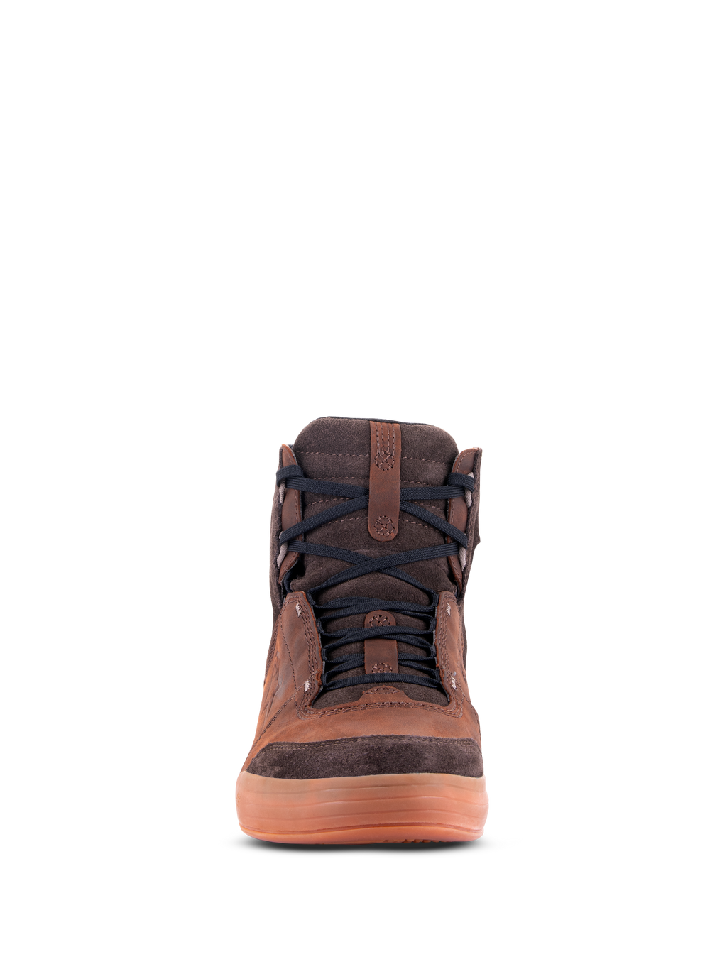 Alpinestars Chrome Crafted Drystar® Shoes, Urban Riding Shoes, Brown leather with dark brown suede accents, gum-colored rubber sole, front-facing view, black laces, casual contemporary motorcycle footwear