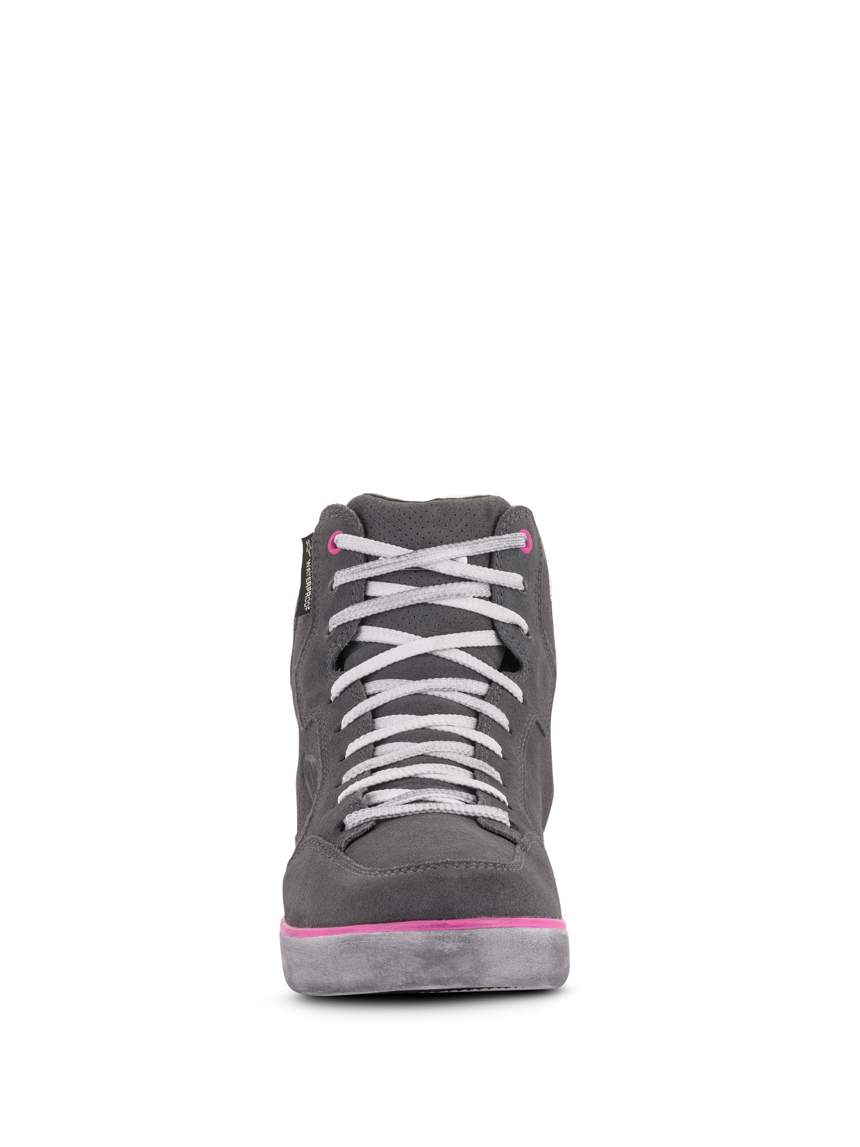 Alpinestars Women's J-6 Waterproof Shoes, Motorcycle Riding Shoes, Light Gray and Fuchsia, front view of sneaker-style high-top with white laces and pink accents, waterproof leather and suede construction