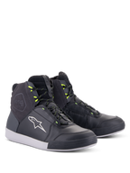 Alpinestars Chrome Drystar® Shoes, Urban Motorcycle Riding Shoes, Black Dark Gray and Yellow Fluo, high-top silhouette with premium leather and suede, featuring white Alpinestars logo and neon yellow lace loops, casual street-styled protective footwear
