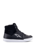 Alpinestars Chrome Drystar Shoes, Black high-top motorcycle sneakers with a white star logo and sole, waterproof leather and suede upper, urban riding footwear featuring a padded ankle collar