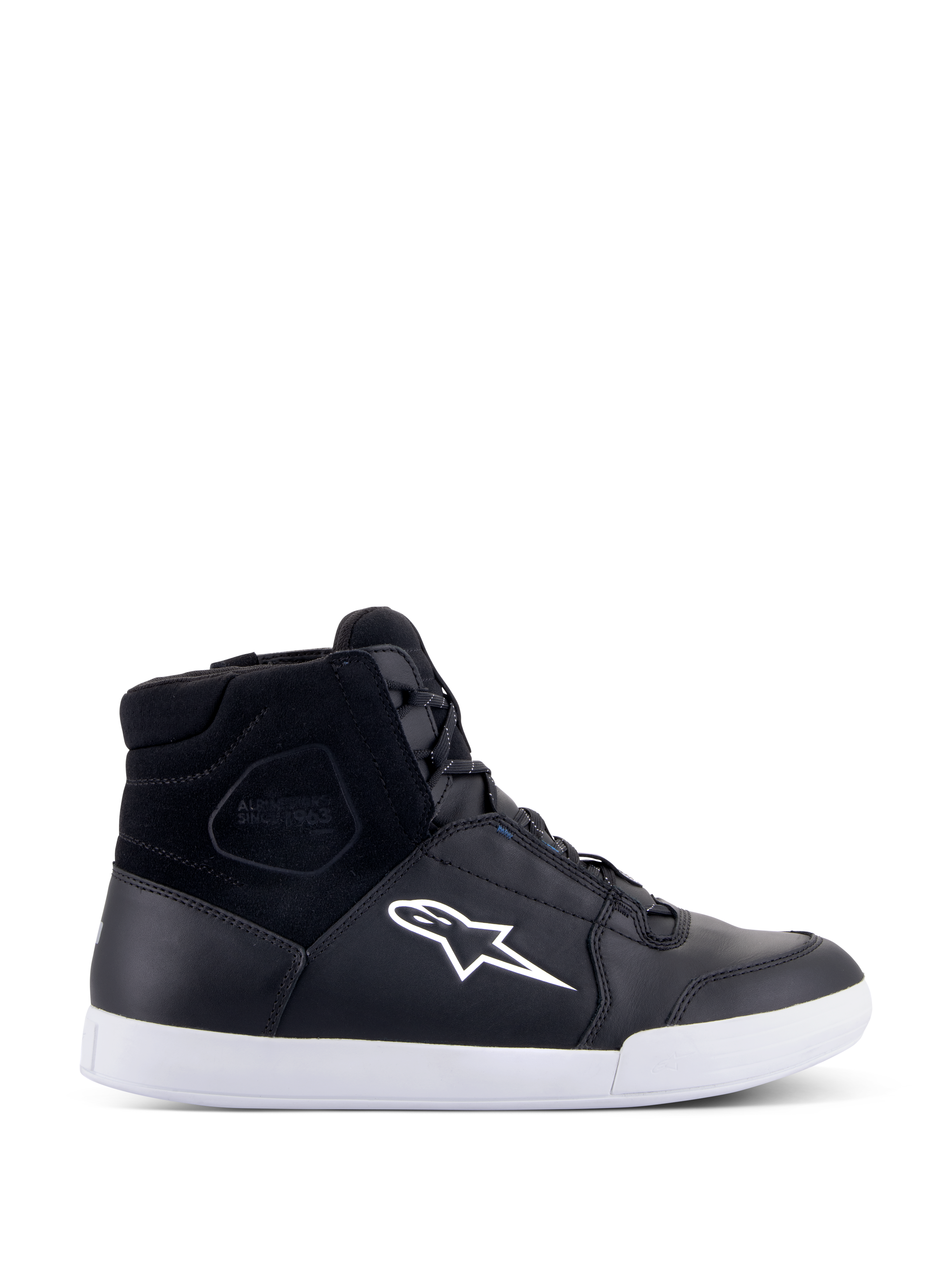 Alpinestars Chrome Drystar Shoes, Black high-top motorcycle sneakers with a white star logo and sole, waterproof leather and suede upper, urban riding footwear featuring a padded ankle collar