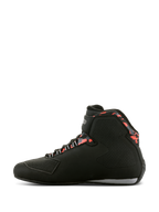 Alpinestars Sektor Waterproof Shoes, Motorcycle Riding Shoes, Black Dark Gray and Red Fluo, side profile view featuring high-top design, Velcro ankle strap, reinforced toe shifter pad, and patterned red accents around the collar