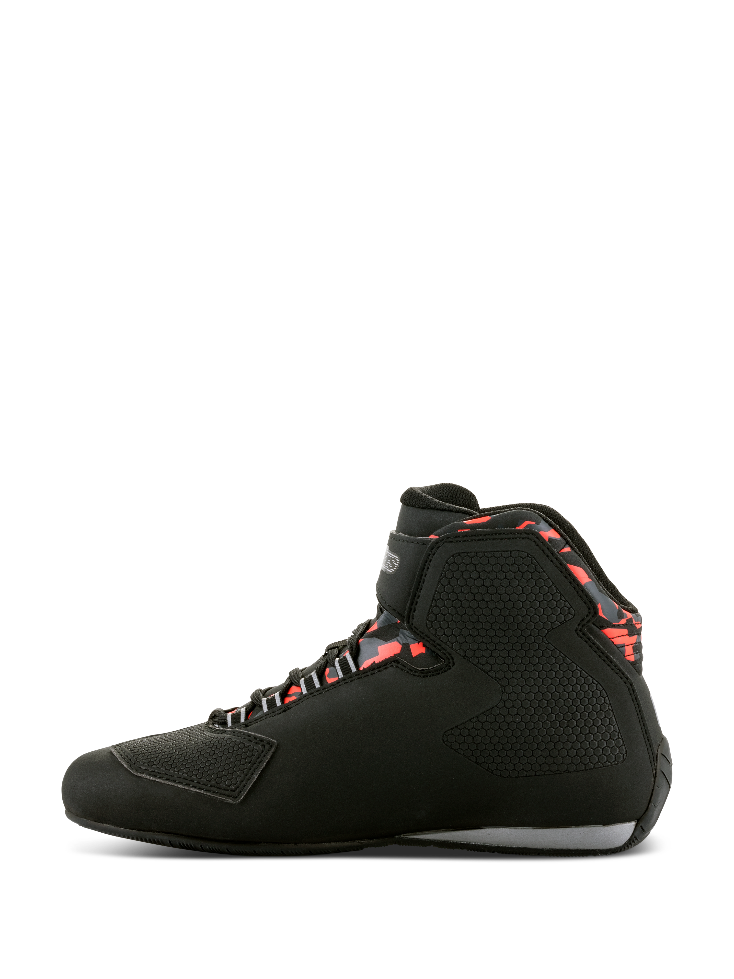 Alpinestars Sektor Waterproof Shoes, Motorcycle Riding Shoes, Black Dark Gray and Red Fluo, side profile view featuring high-top design, Velcro ankle strap, reinforced toe shifter pad, and patterned red accents around the collar