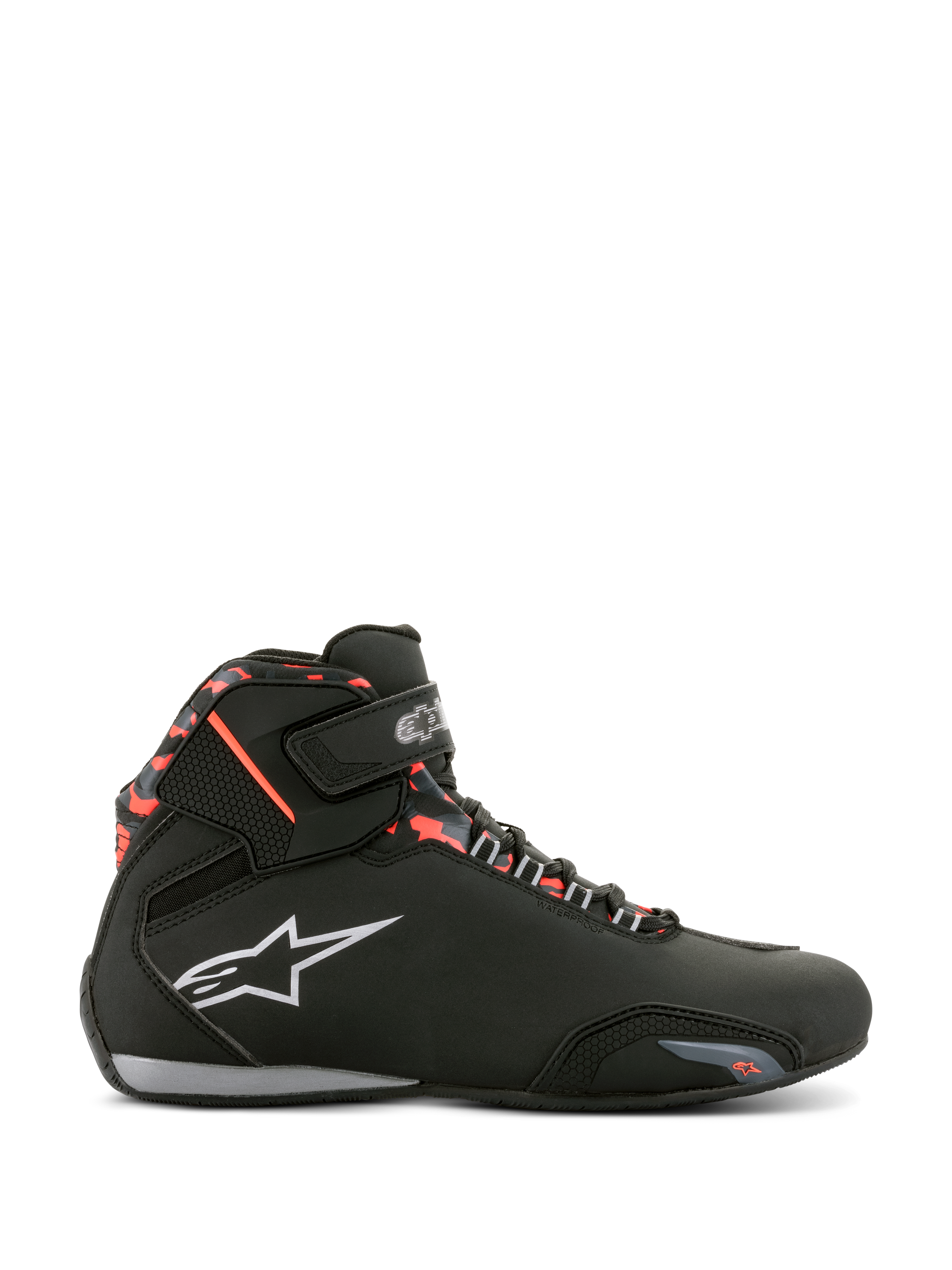 Alpinestars Sektor Waterproof Shoes, Motorcycle Riding Shoes, Black Dark Gray and Red Fluo, side profile featuring laces with Velcro strap, white logo, and red camo-style accents on the ankle collar.