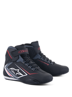 Alpinestars Sektor Waterproof Shoes, motorcycle riding shoes, black with red and white accents, featuring white star logo on the side, velcro ankle strap, and lacing system, sleek athletic design for road riding