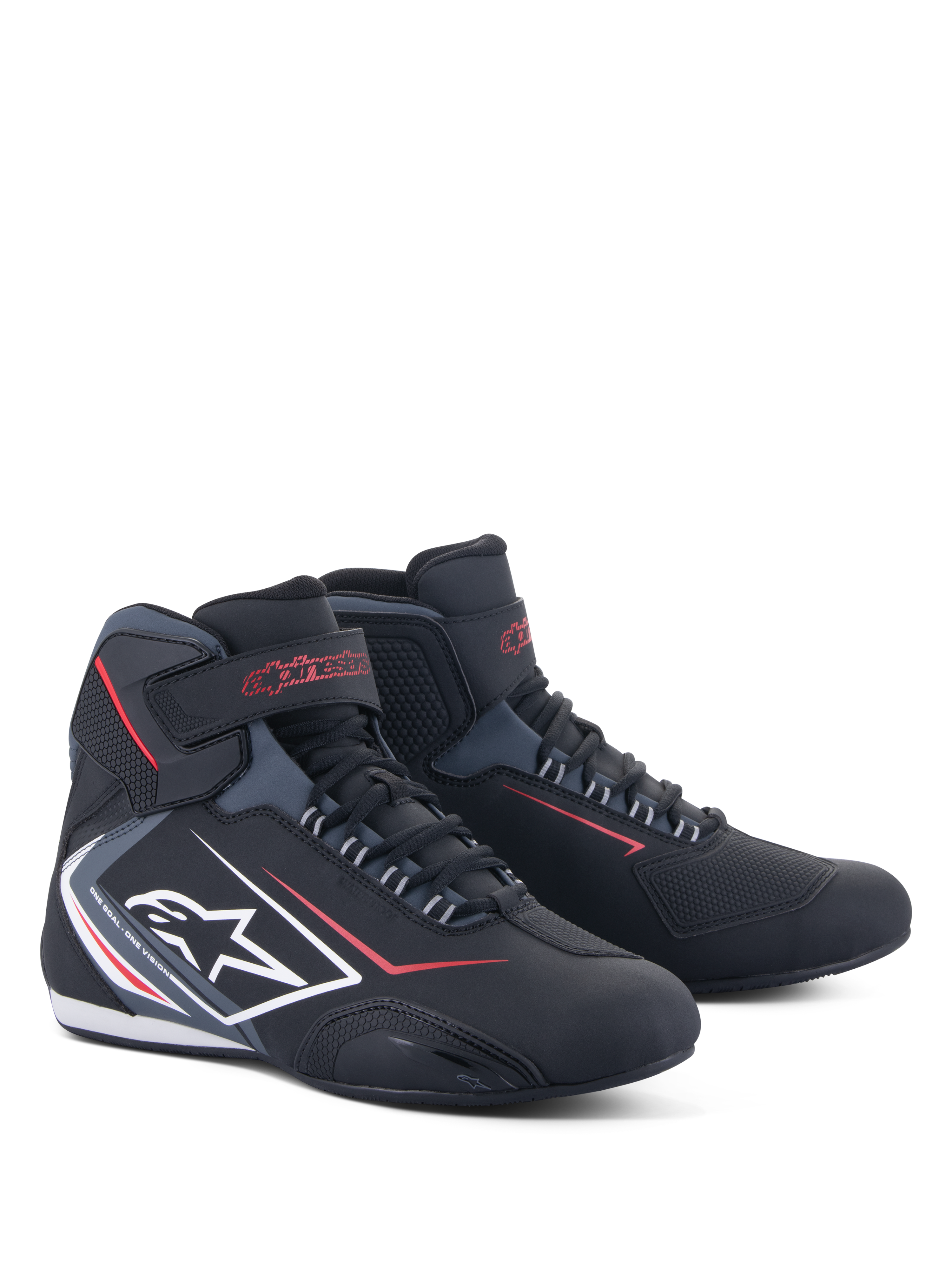Alpinestars Sektor Waterproof Shoes, motorcycle riding shoes, black with red and white accents, featuring white star logo on the side, velcro ankle strap, and lacing system, sleek athletic design for road riding
