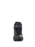Alpinestars Sektor Waterproof Shoes, Motorcycle Riding Shoes, Black with white and red accents, front view featuring a secure lace-up system and a velcro ankle strap with red Alpinestars lettering, durable microfiber finish.