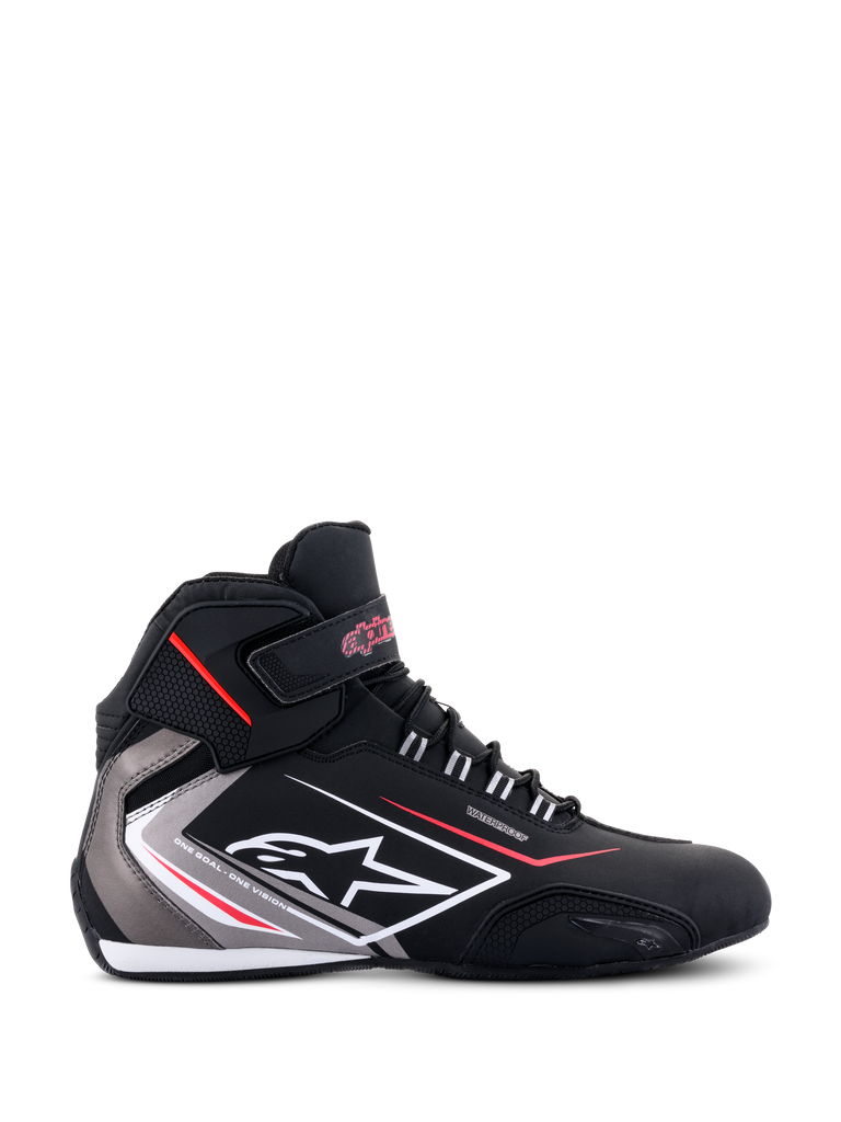 Alpinestars Sektor Waterproof Shoes, Motorcycle Riding Shoes, Black White and Gray with red accents, profile view featuring white Alpinestars logo and waterproof membrane branding, lightweight microfiber construction, sleek athletic design for all-weather road performance