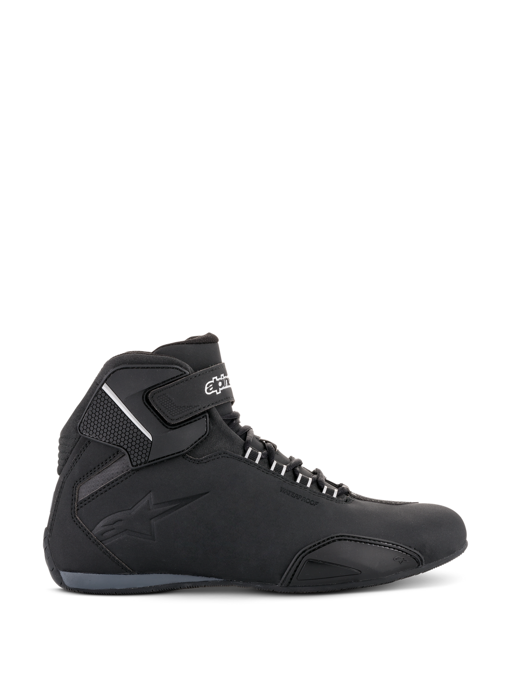 Alpinestars Sektor Waterproof Shoes, Motorcycle Riding Shoes, Black, side profile view, sleek microfiber chassis with waterproof membrane, reinforced toe-box, and secure hook-and-loop ankle strap