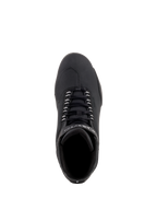 Alpinestars Sektor Waterproof Shoes, Black Motorcycle Riding Shoes, Top-down view showing black laces and reinforced toe-box, sleek microfiber construction for road performance