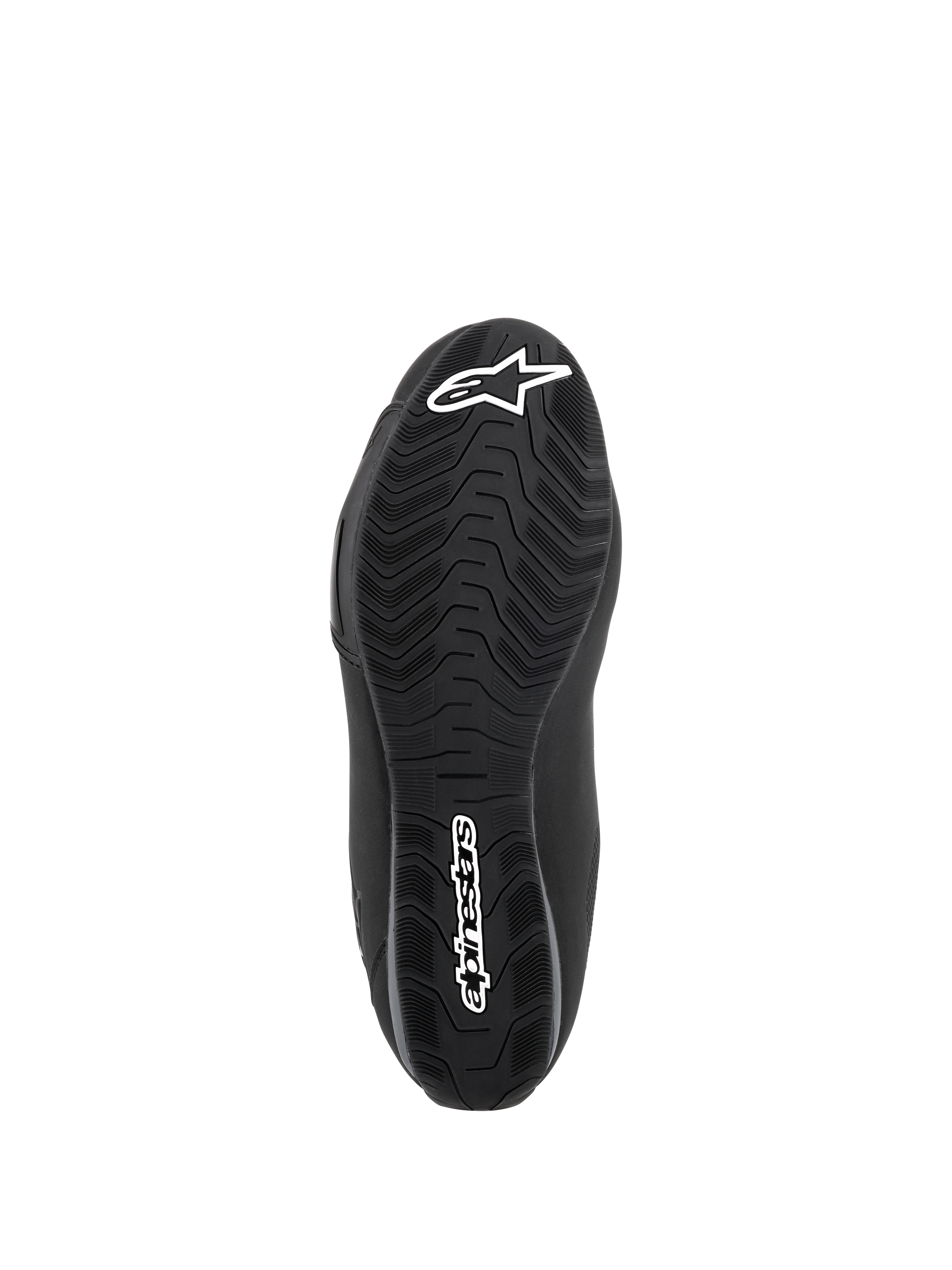 Alpinestars Sektor Waterproof Shoes, Black, Underside view of the rubber compound sole, featuring a specialized tread pattern for water run-off and grip, with white star logo and Alpinestars wordmark branding.