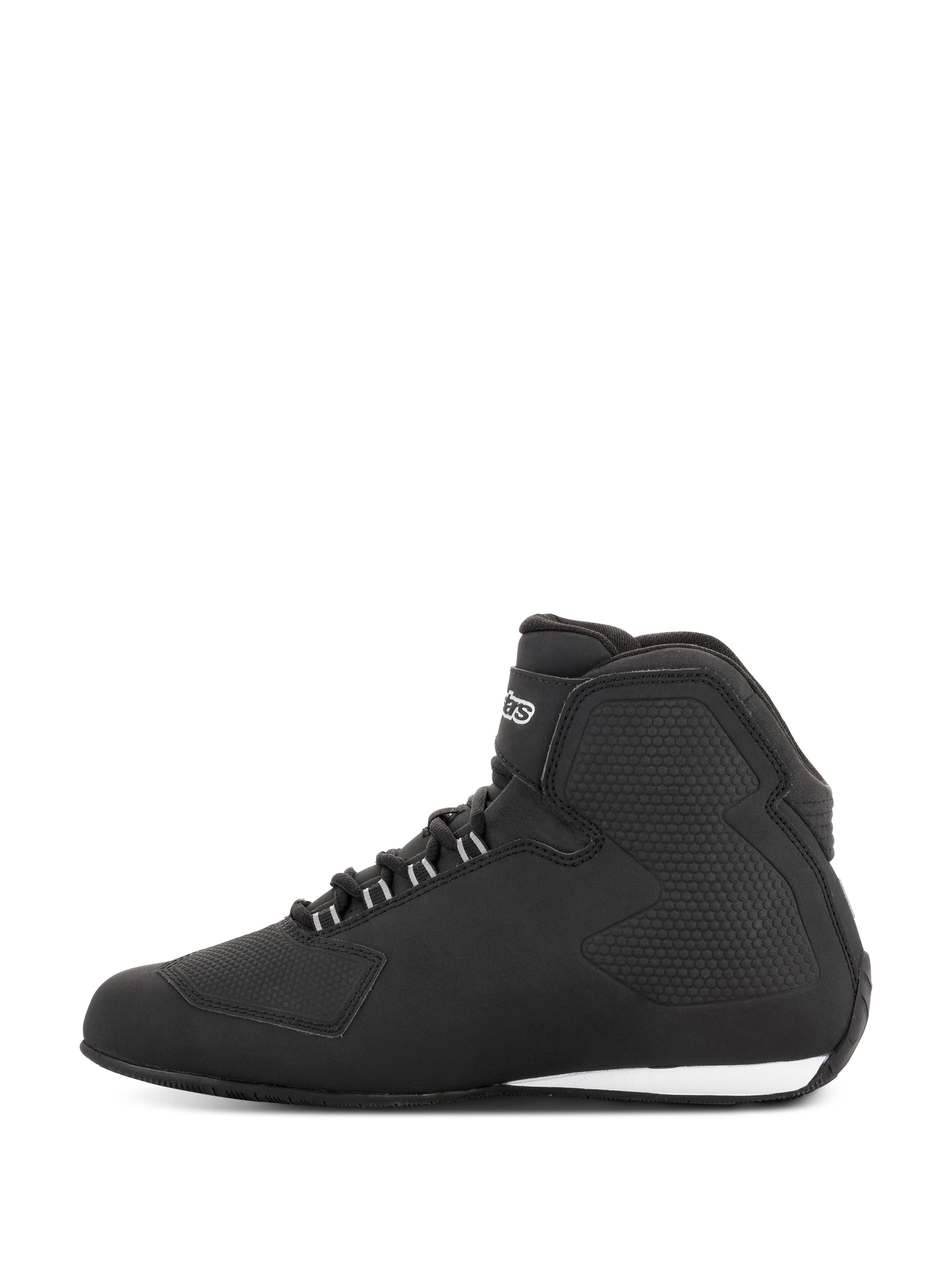 Alpinestars Stella Sektor Waterproof Shoes, Women's Riding Shoes, Black Silver, side profile view featuring a lightweight microfiber upper, speed lace system with silver accents, and sleek waterproof construction with integrated protection panels.