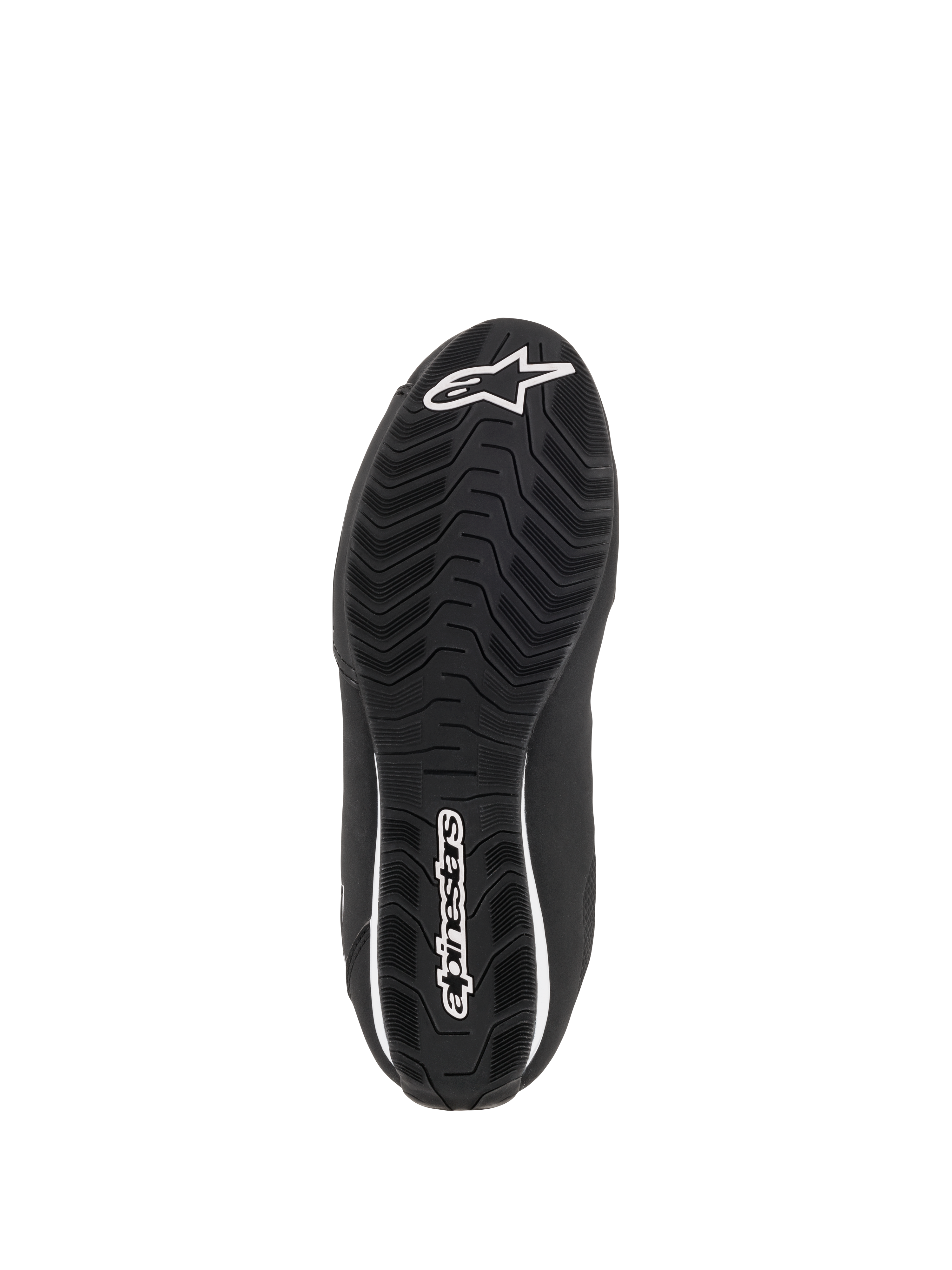 Alpinestars Women Stella Sektor Waterproof Shoes, bottom view of the black rubber sole, featuring a textured wavy grip pattern for traction, white Alpinestars star logo and wordmark, designed for water run-off and grip.