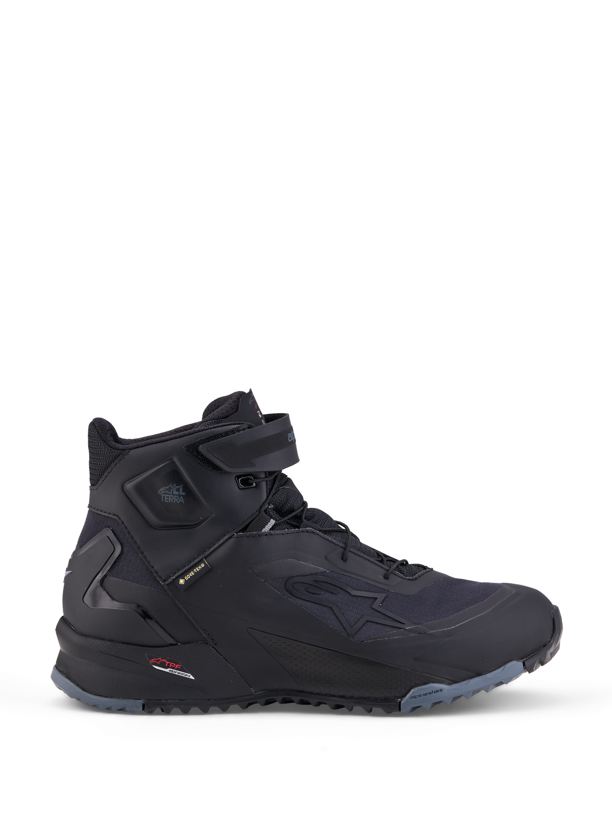 Alpinestars Cr-X Gore-Tex Shoes, Black and Dark Gray motorcycle riding shoes with waterproof GORE-TEX membrane and adventure outsole, CE certified