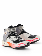 Alpinestars CR-X Women's Drystar® Riding Shoes, Motorcycle Riding Shoes, White Mid Gray Black Diva Pink, sleek athletic silhouette with vibrant pink gradient accents, velcro ankle straps, and Astar logo on the side, waterproof protective footwear for road riding