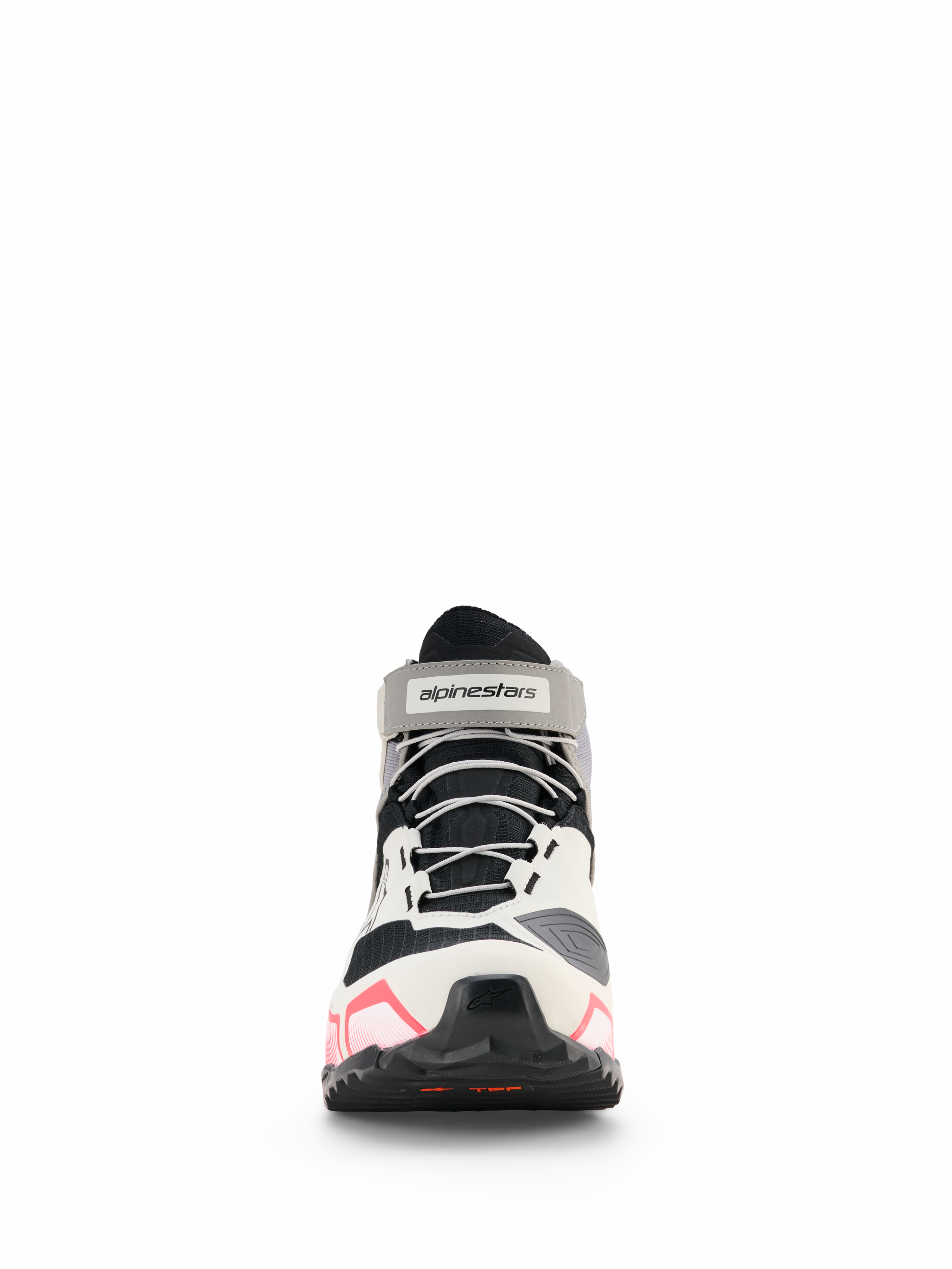 Alpinestars CR-X Women's Drystar® Riding Shoes, Women's Motorcycle Riding Shoes, White Mid Gray Black and Diva Pink, front view featuring gray laces and branded ankle strap, athletic-style design with pink accents on the sole, waterproof riding footwear