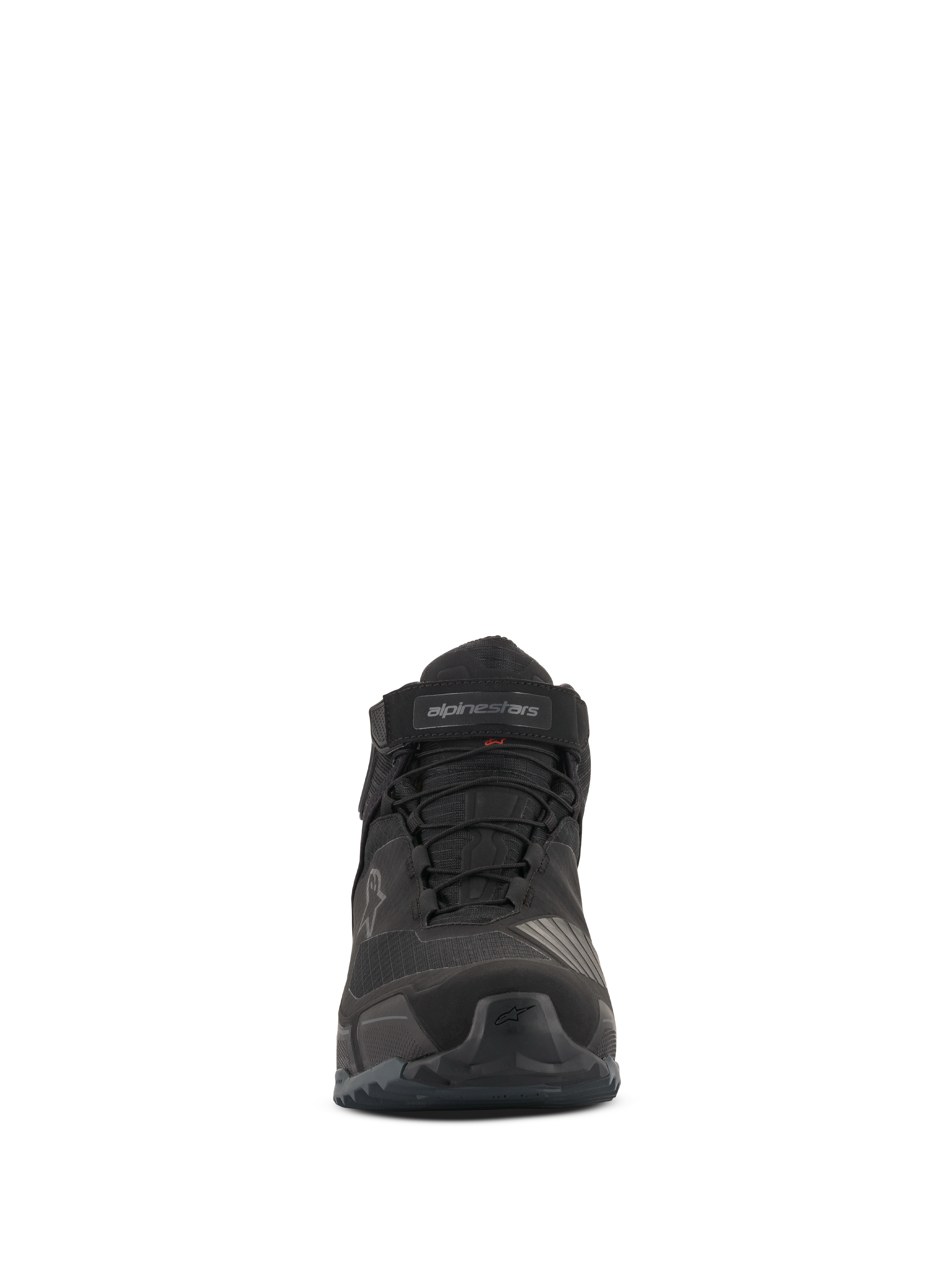 Alpinestars CR-X Drystar® Riding Shoes, Front View, All Black, waterproof motorcycle footwear with laces and velcro ankle strap, athletic running shoe-inspired design