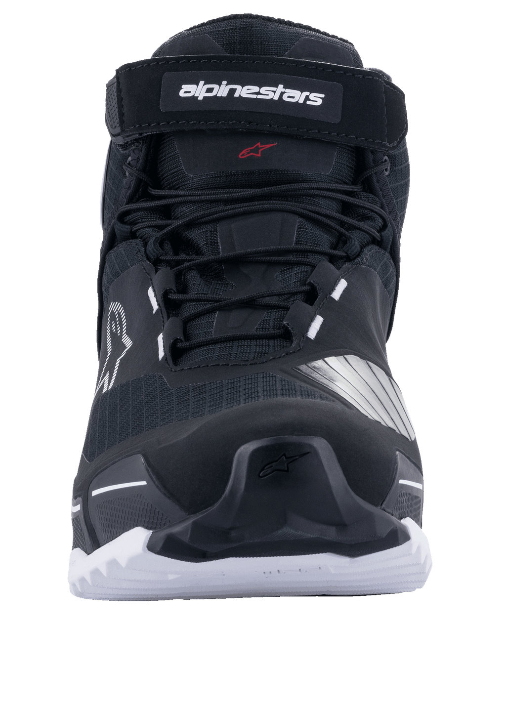 Alpinestars CR-X Drystar® Riding Shoes, Motorcycle Riding Shoes, Black and White, front view showing laces and Alpinestars branded top strap, white sole with rugged grip, athletic running shoe-inspired design for road and adventure riding