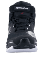 Alpinestars CR-X Drystar® Riding Shoes, Motorcycle Riding Shoes, Black and White, front view showing laces and Alpinestars branded top strap, white sole with rugged grip, athletic running shoe-inspired design for road and adventure riding