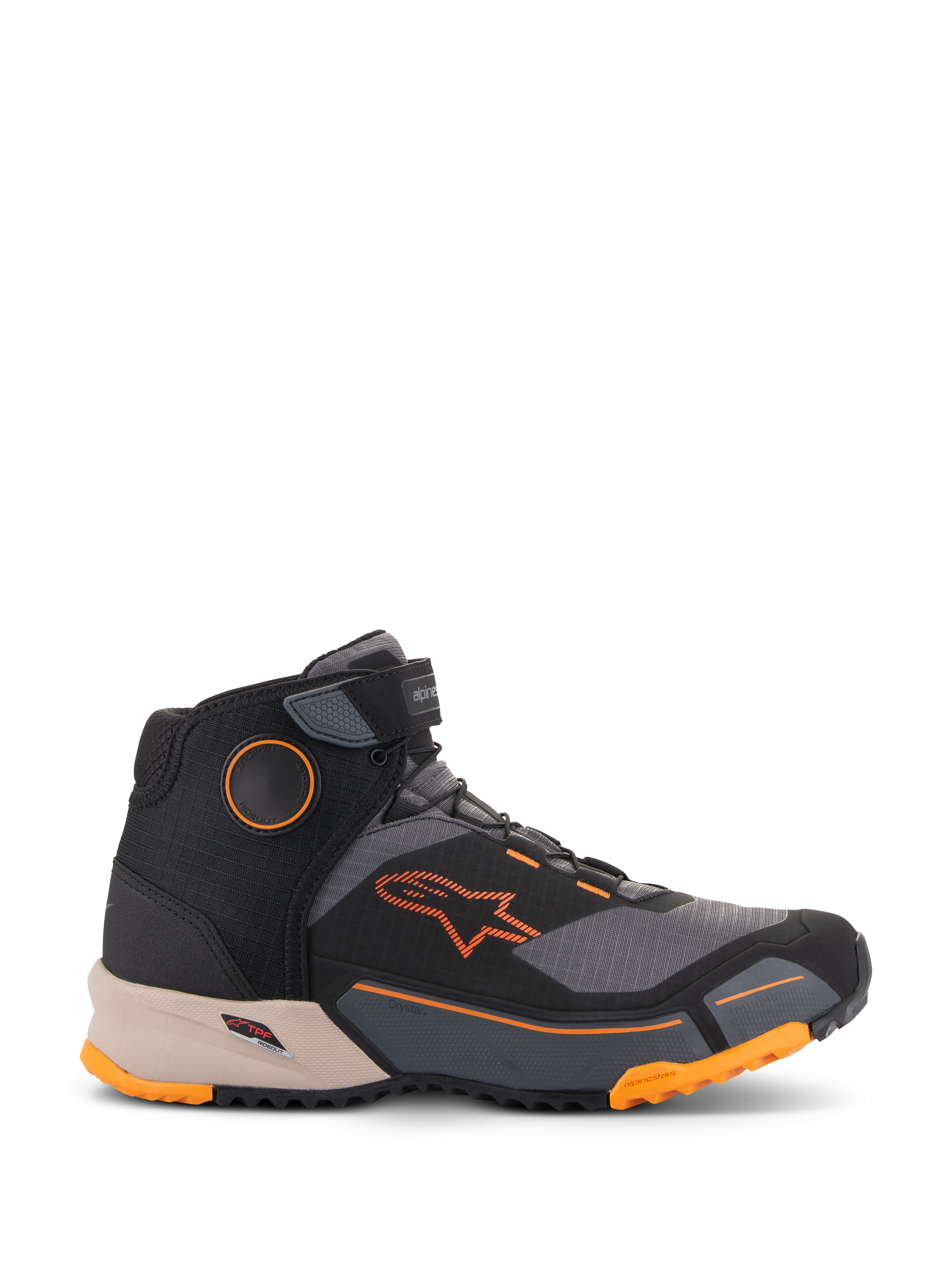 Alpinestars CR-X Drystar® Riding Shoes, Motorcycle Urban Shoes, Black Gray and Orange with Light Brown midsole, high-top design with Velcro ankle strap, featuring bright orange branding and rugged sole with orange accents