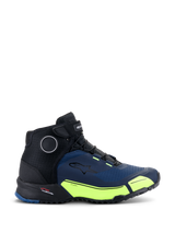 Alpinestars CR-X Drystar® Riding Shoes, Motorcycle Riding Shoes, Black Dark Blue and Yellow Fluo, athletic design featuring black laces and velcro top strap, bright yellow accents on the midsole with Drystar branding, Alpinestars star logo on the side, technical footwear for urban riding
