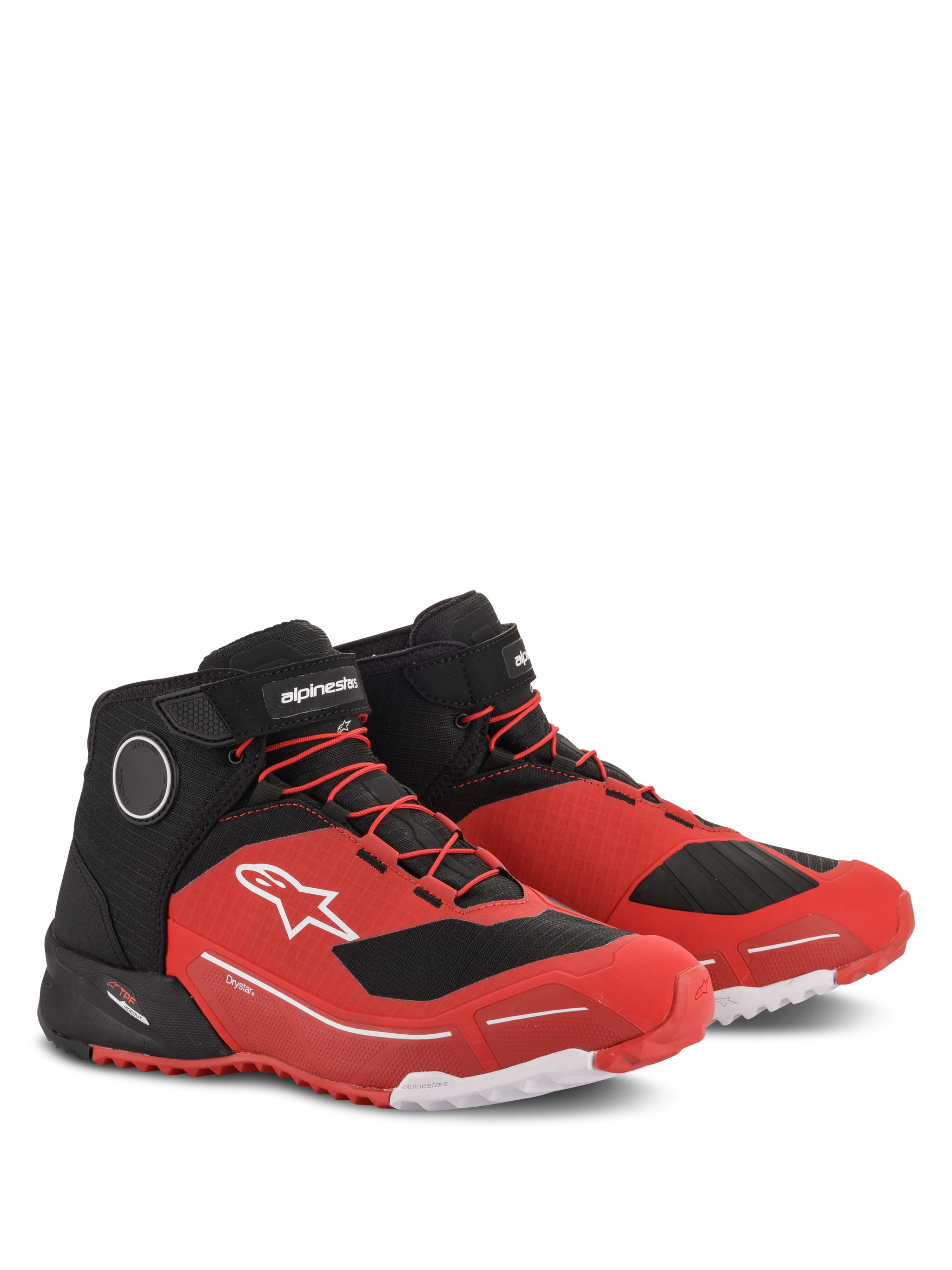 Alpinestars CR-X Drystar® Riding Shoes, Motorcycle Riding Shoes, Red and Black, featuring a white Astars logo on the side, red laces, and black velcro ankle strap, athletic running shoe-inspired design for urban riding and touring