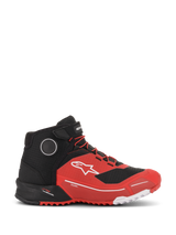 Alpinestars CR-X Drystar® Riding Shoes, Red and Black motorcycle footwear, side profile view, athletic running shoe-inspired design with white Alpinestars logo, red laces, ankle strap, and waterproof Drystar® construction.
