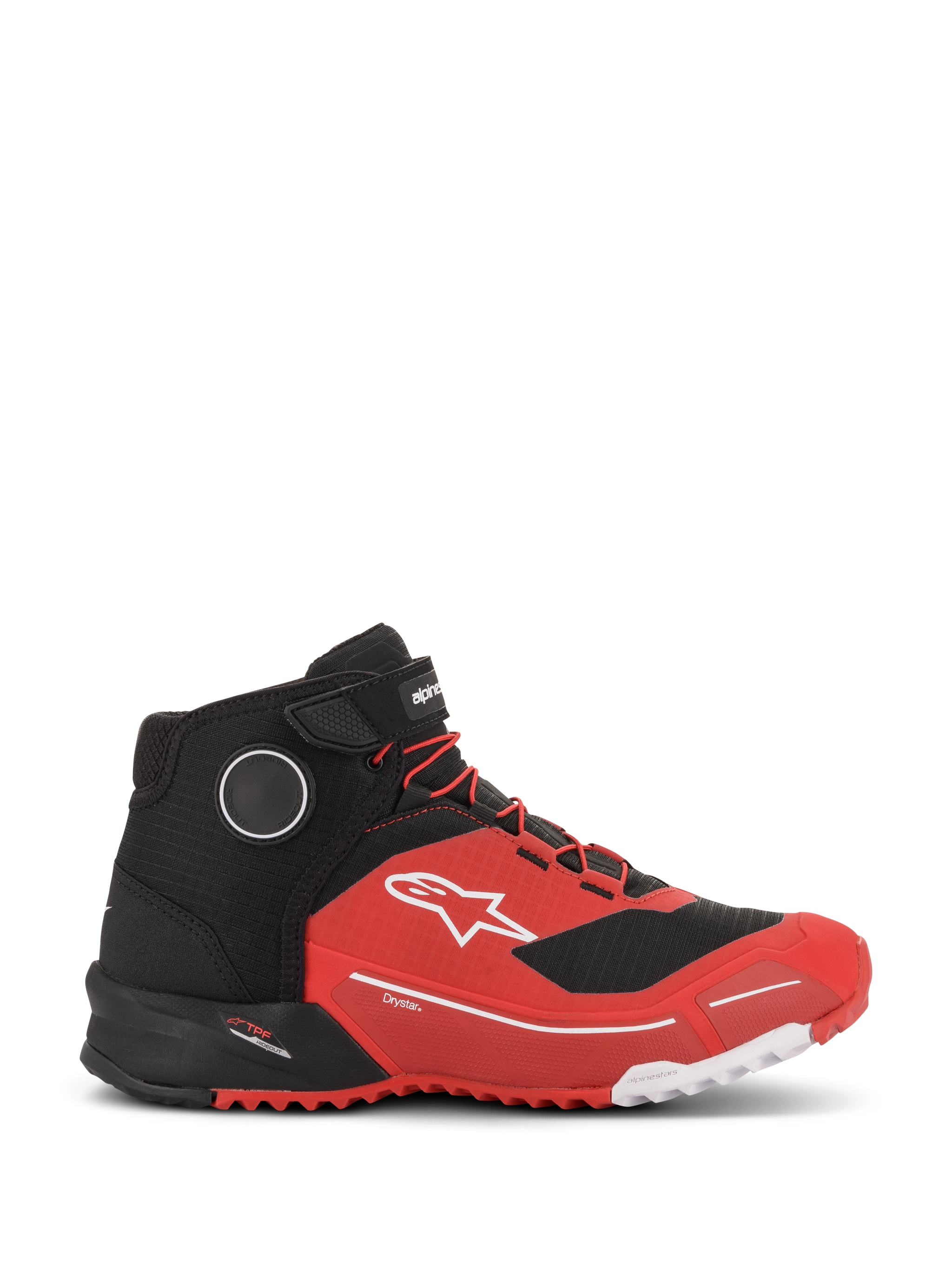 Alpinestars CR-X Drystar® Riding Shoes, Red and Black, side profile view of athletic-inspired motorcycle footwear with waterproof technology, white Alpinestars star logo, and textured sole.