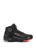 Alpinestars CR-X Drystar Riding Shoes, waterproof motorcycle footwear in Black Camo Red, side profile view featuring a textured camo-patterned upper, white Alpinestars logo, ankle strap, and a black ridged sole with red accents at the toe.