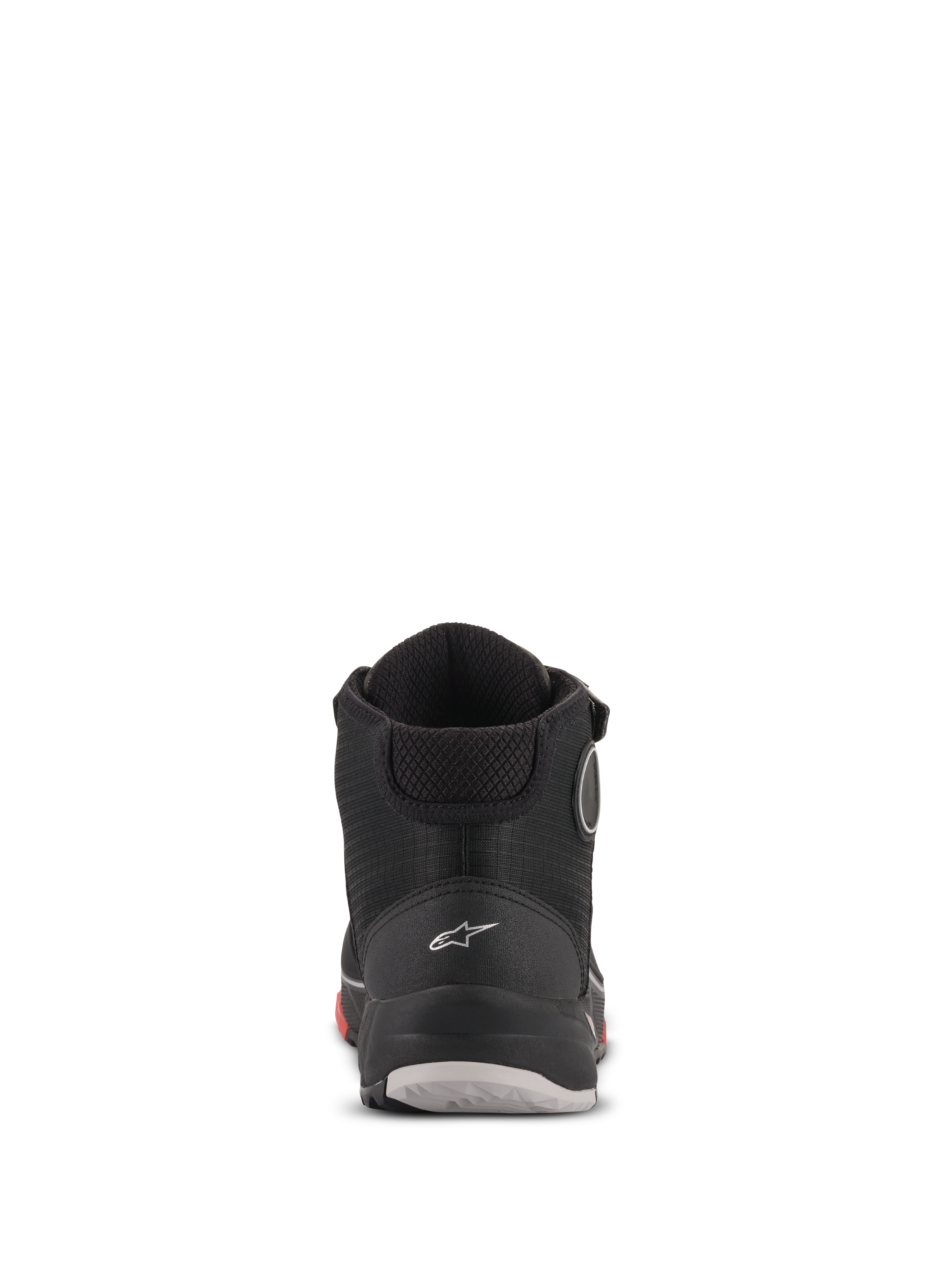 Alpinestars CR-X Drystar® Riding Shoes, Rear View, Black Camo Red, featuring a white Astars logo on the heel, padded ankle collar, and a durable sole with red and grey accents.