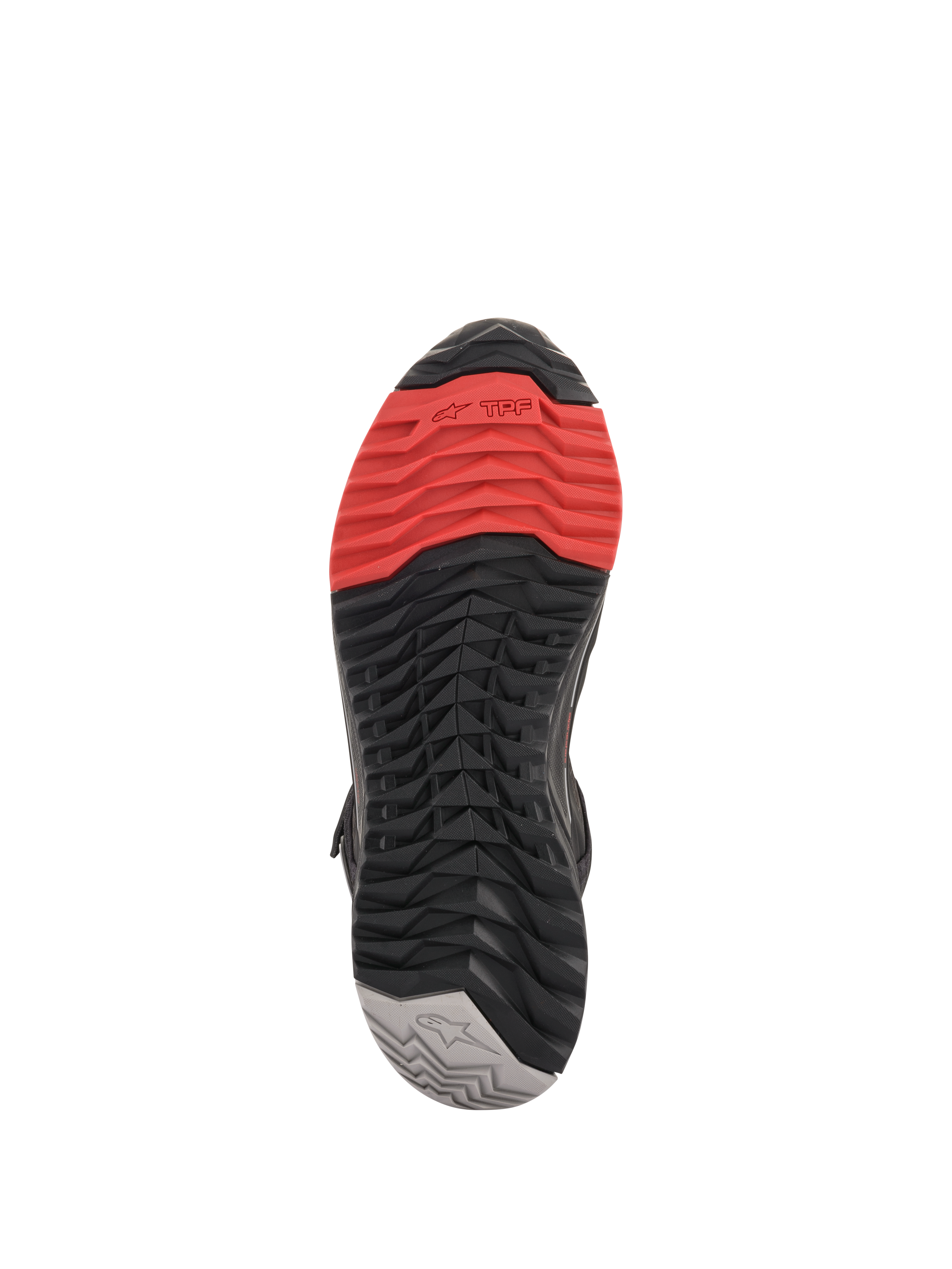Alpinestars CR-X Drystar® Riding Shoes, sole view, featuring a multi-color tread pattern with red at the toe, black midsection, and gray heel, aggressive grip design for riding protection and walking comfort.