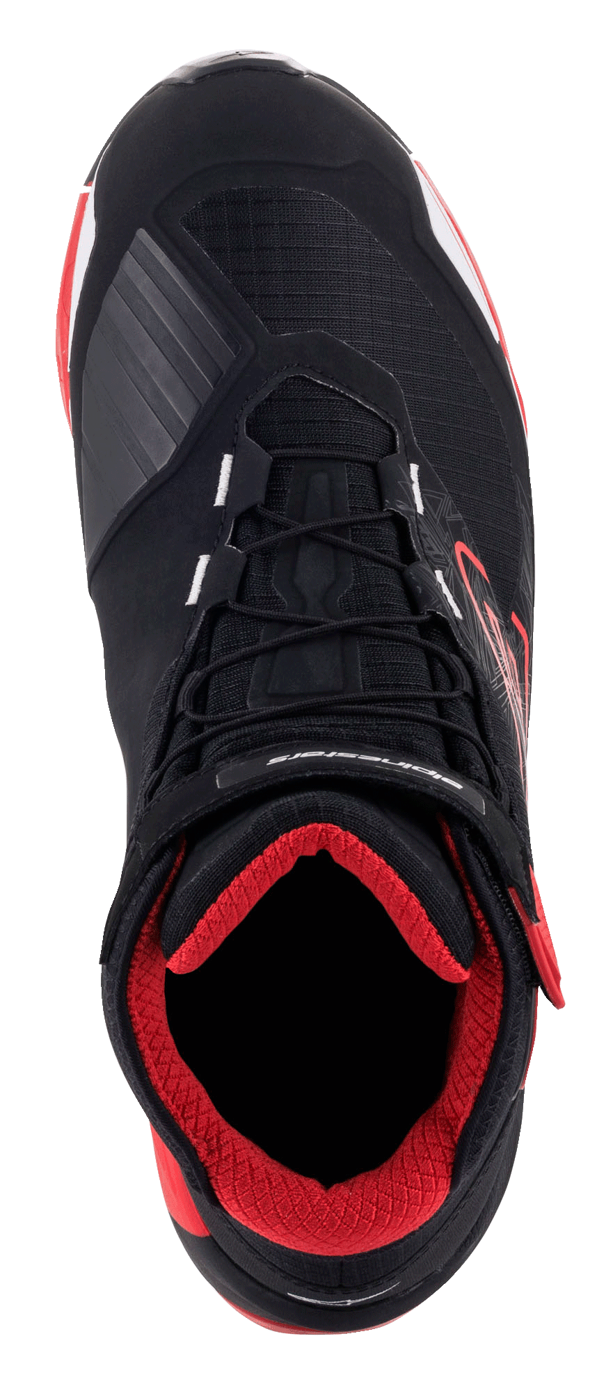 Alpinestars MM93 CR-X Drystar® Riding Shoes, Black Red and White, top-down view, red padded interior, black upper with red accents, laces and velcro ankle strap, waterproof and protective motorcycle riding shoes