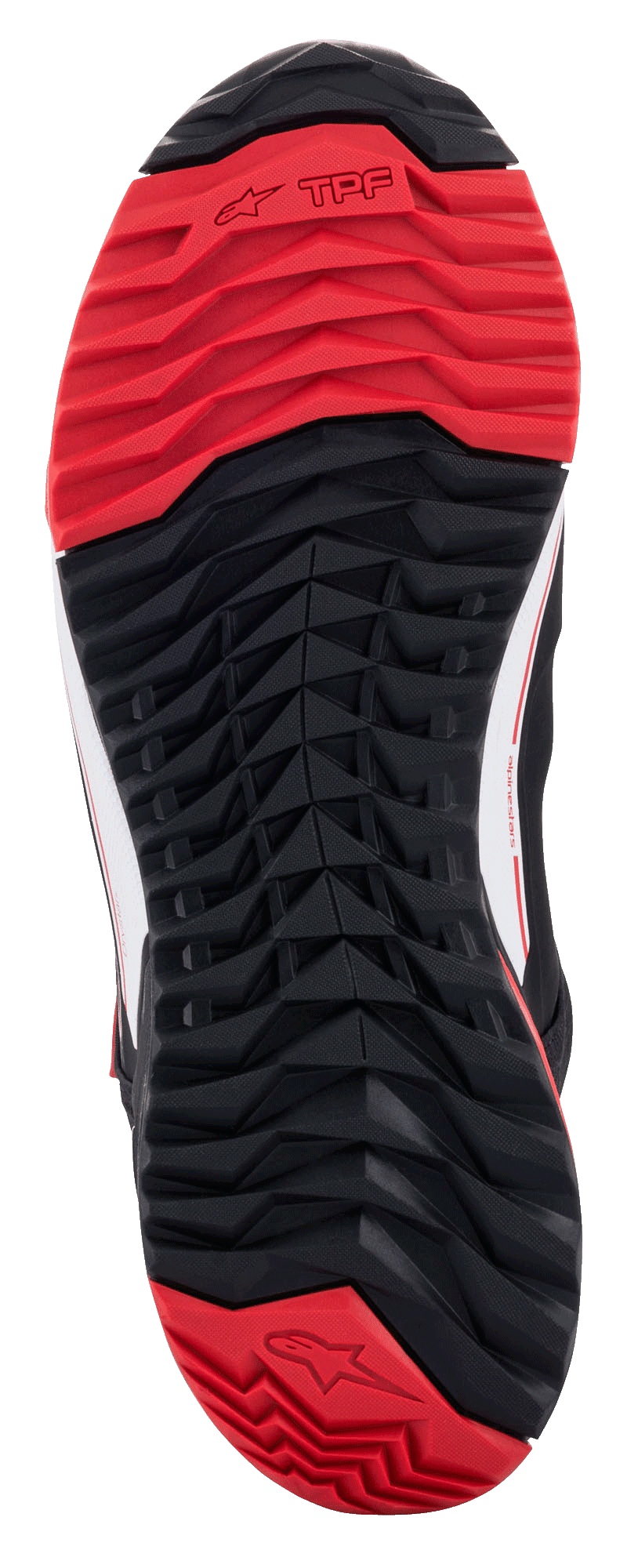 Alpinestars MM93 CR-X Drystar® Riding Shoes, Outsole View, Black and Red, featuring an asymmetric stud configuration for grip, oil-resistant rubber compound, and Alpinestars branding on the heel.