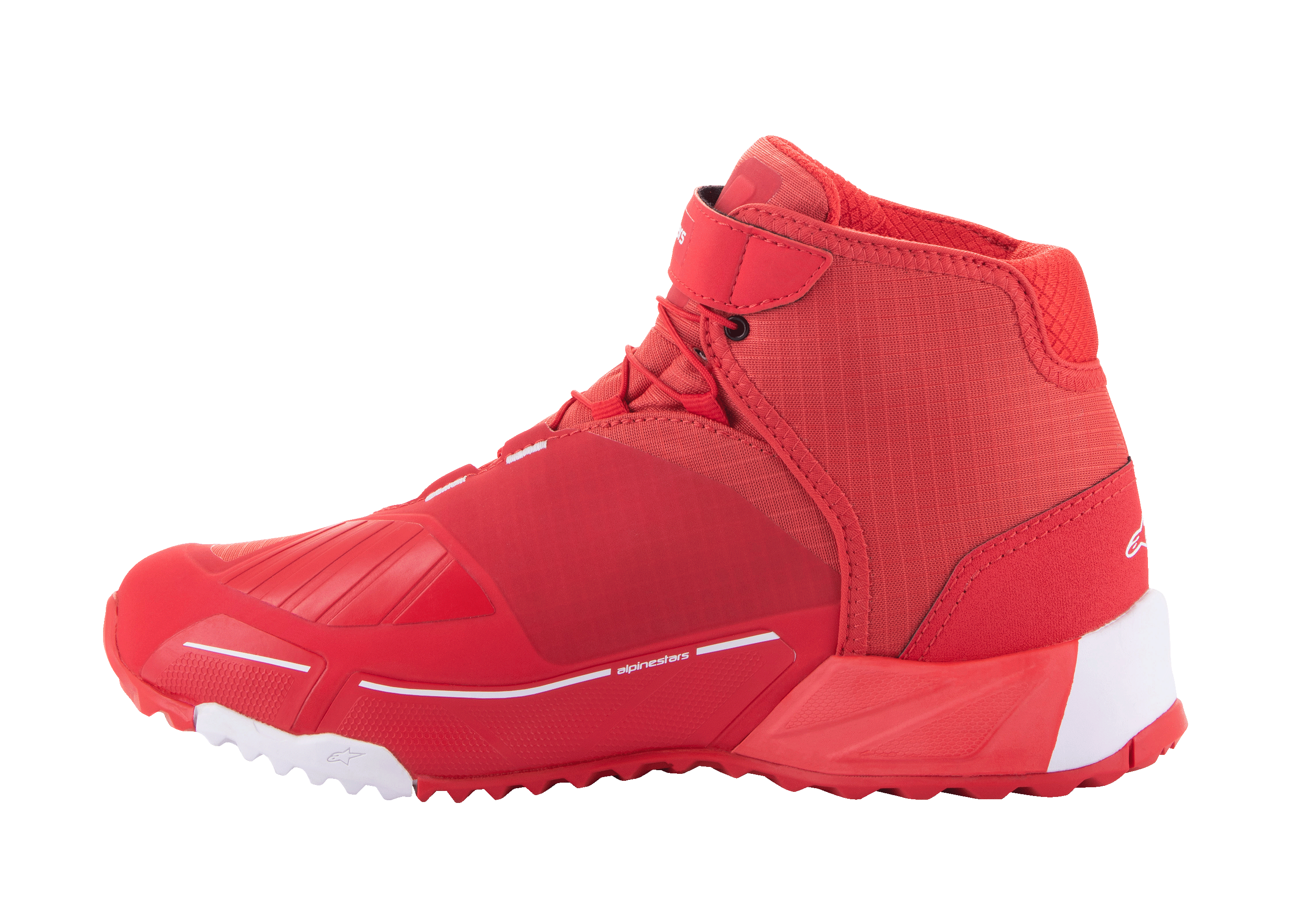Alpinestars MM93 CR-X Drystar Riding Shoes, Motorcycle Riding Shoes, Bright Red and White, side profile view, sleek athletic design with reinforced gear shift pad, white heel and toe accents on a red sole, urban road riding footwear