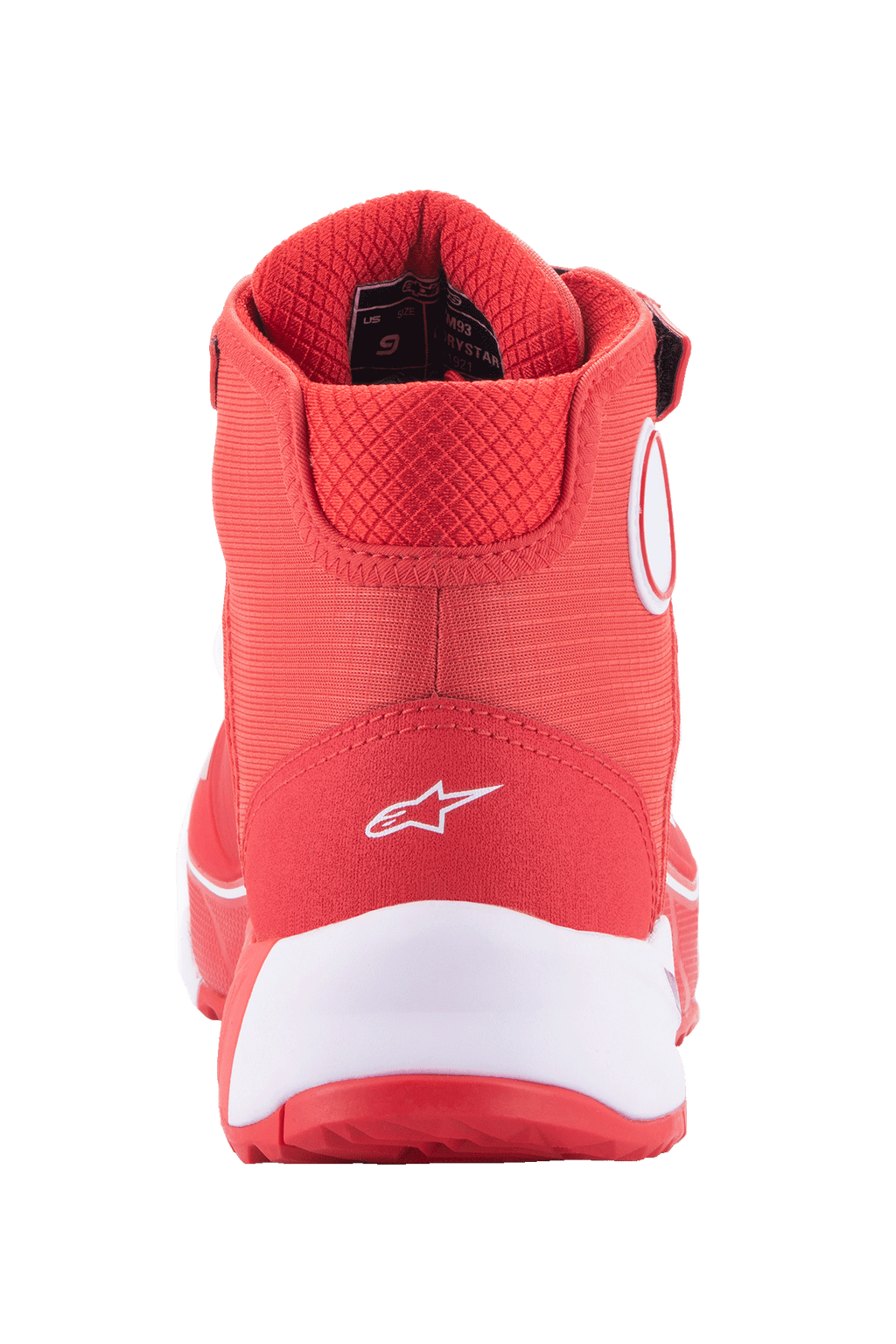 Alpinestars MM93 CR-X Drystar® Riding Shoes, Bright Red and White, rear view of the heel featuring a white Alpinestars logo, thick white midsole, and padded red mesh collar