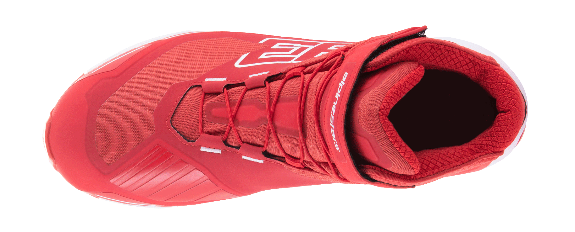 Alpinestars MM93 CR-X Drystar Riding Shoe, Bright Red and White, top-down view showing lacing system and adjustable ankle strap, featuring large 93 graphic and Alpinestars branding, waterproof motorcycle footwear with a running shoe-inspired design