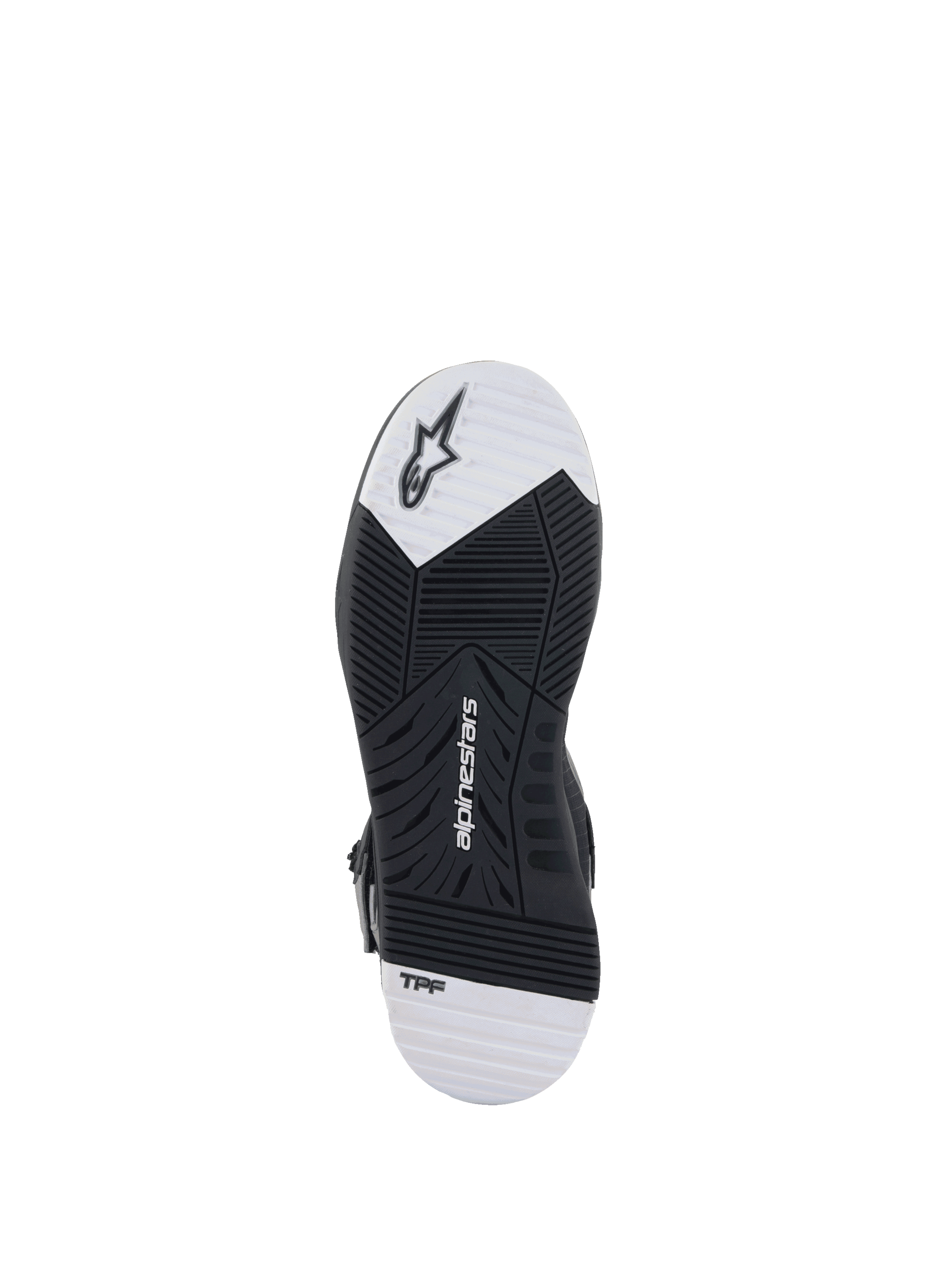 Alpinestars Speedflight Street Shoes, motorcycle riding shoe sole, black and white, dual-density rubber with TPF technology.